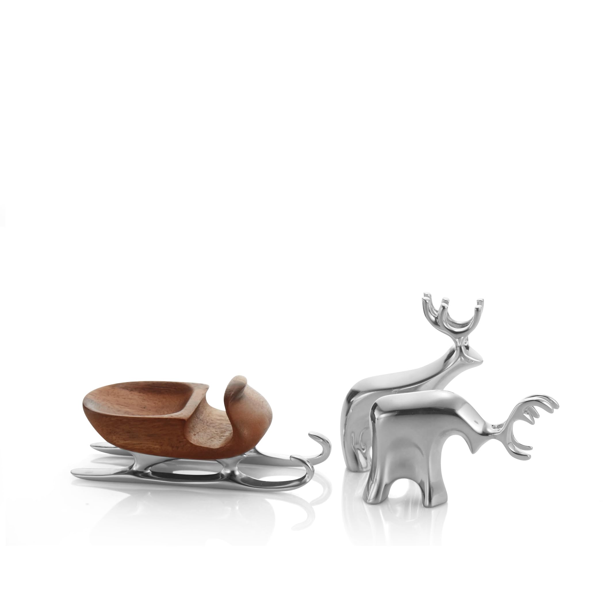 Nambe Christmas Sleigh with Reindeer Figurine Set - 3-Piece Metal Alloy & Acacia Wood Holiday Decor for Mantels, Tables, and Winter Wonderland Displays - Perfect for Christmas Home Decor, Gift Giving, and Seasonal Centerpieces