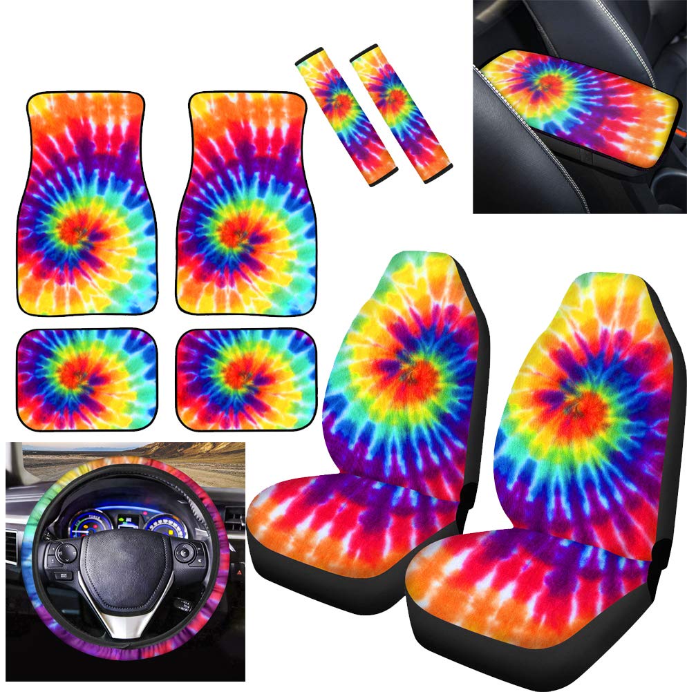 Tie Dye Car Accessories Set - Front Seat Covers, Floor Mats, Console Armrest, Steering Wheel Cover & Seat Belt Pads for Cars, SUVs, Trucks & Vans | Stylish Protection & Comfort for Daily Commutes & Road Trips