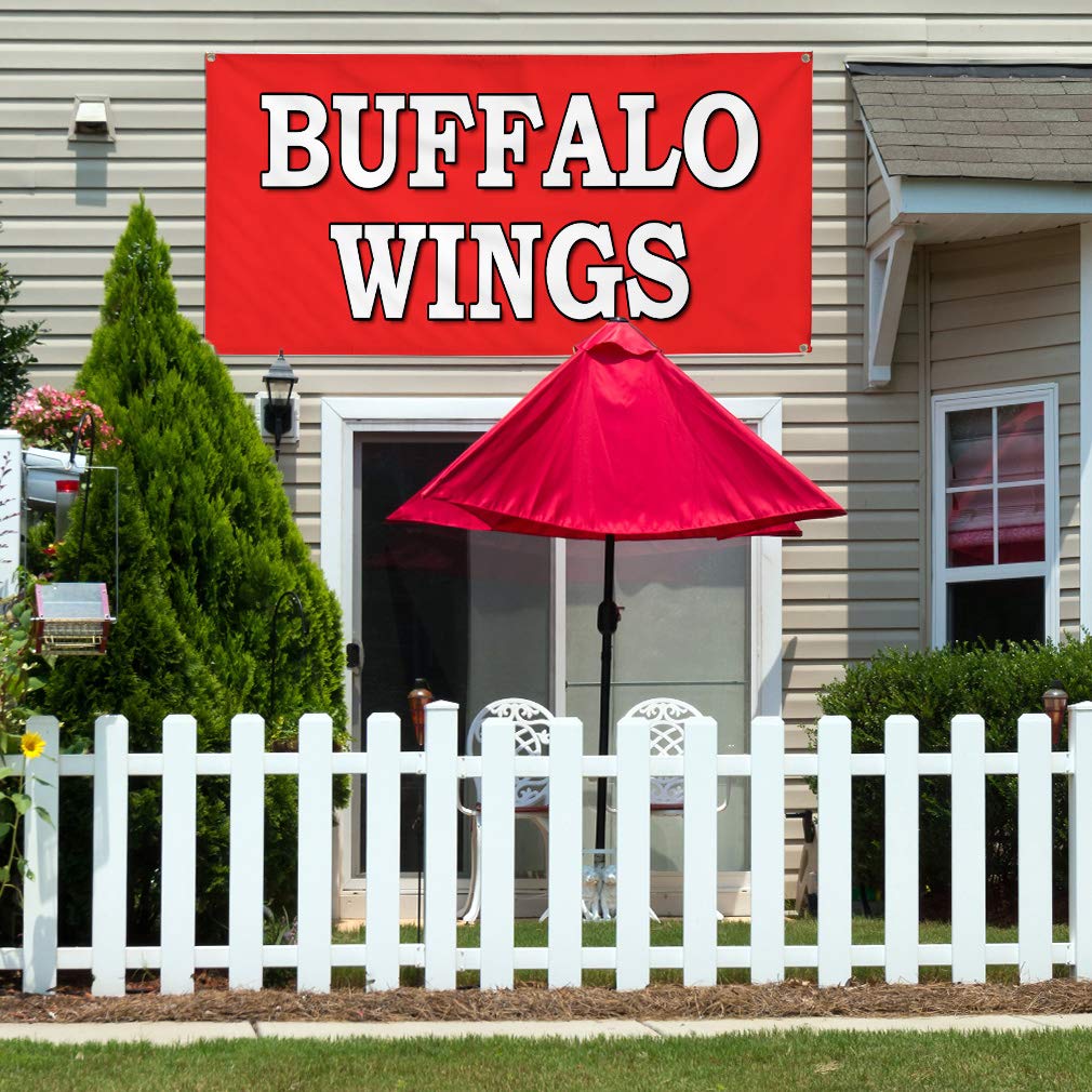 Buffalo Wings Vinyl Banner - 48x96 Inches, Weatherproof Outdoor Sign with 8 Grommets for Restaurants, Food Fairs & Beverage Events - Durable Yard Sign for Commercial Use