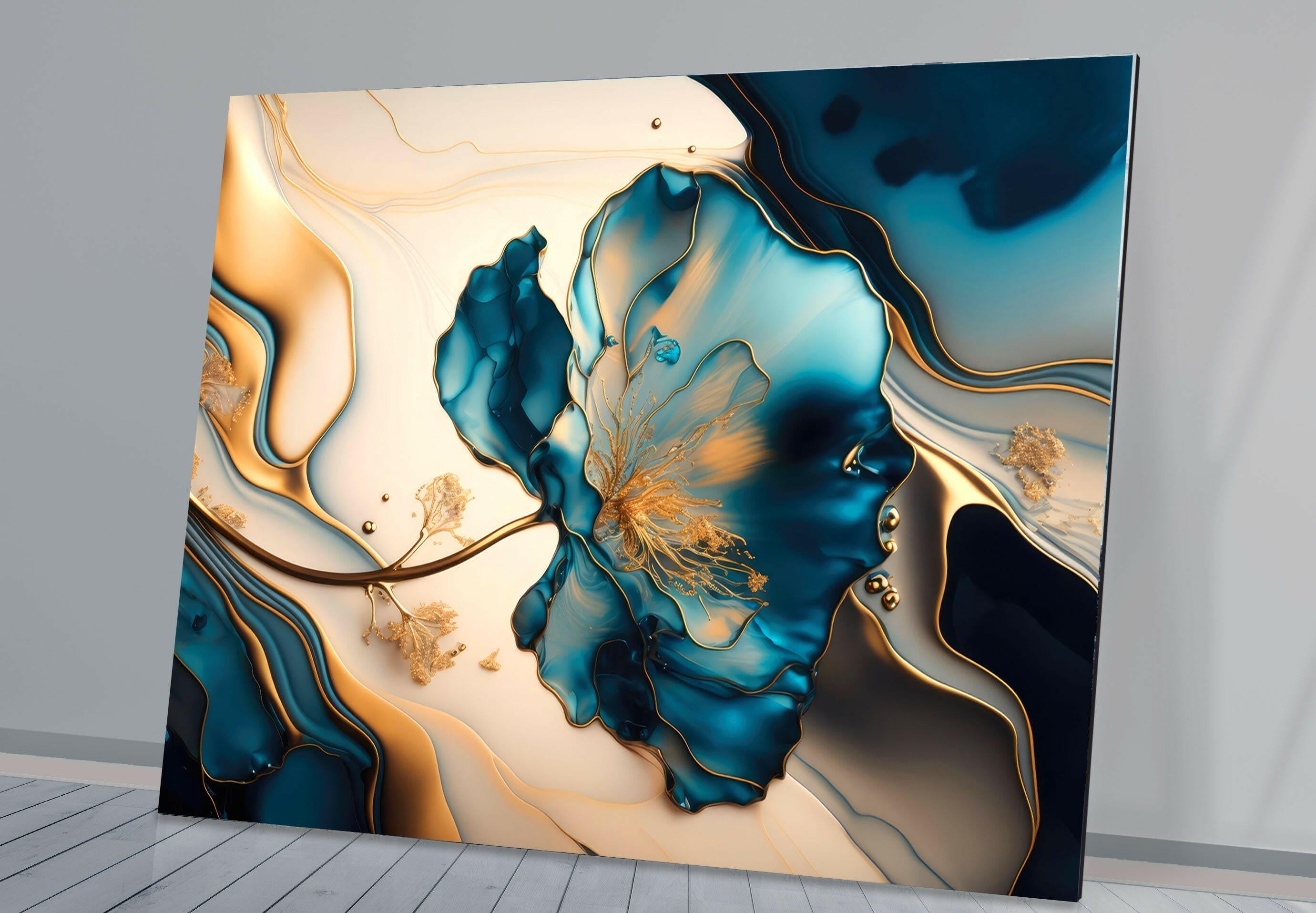Blue Marble Flower Glass Wall Art - Elegant Handmade Home Decor for Living Room, Bedroom & Office - Perfect for Modern & Boho Interior Design
