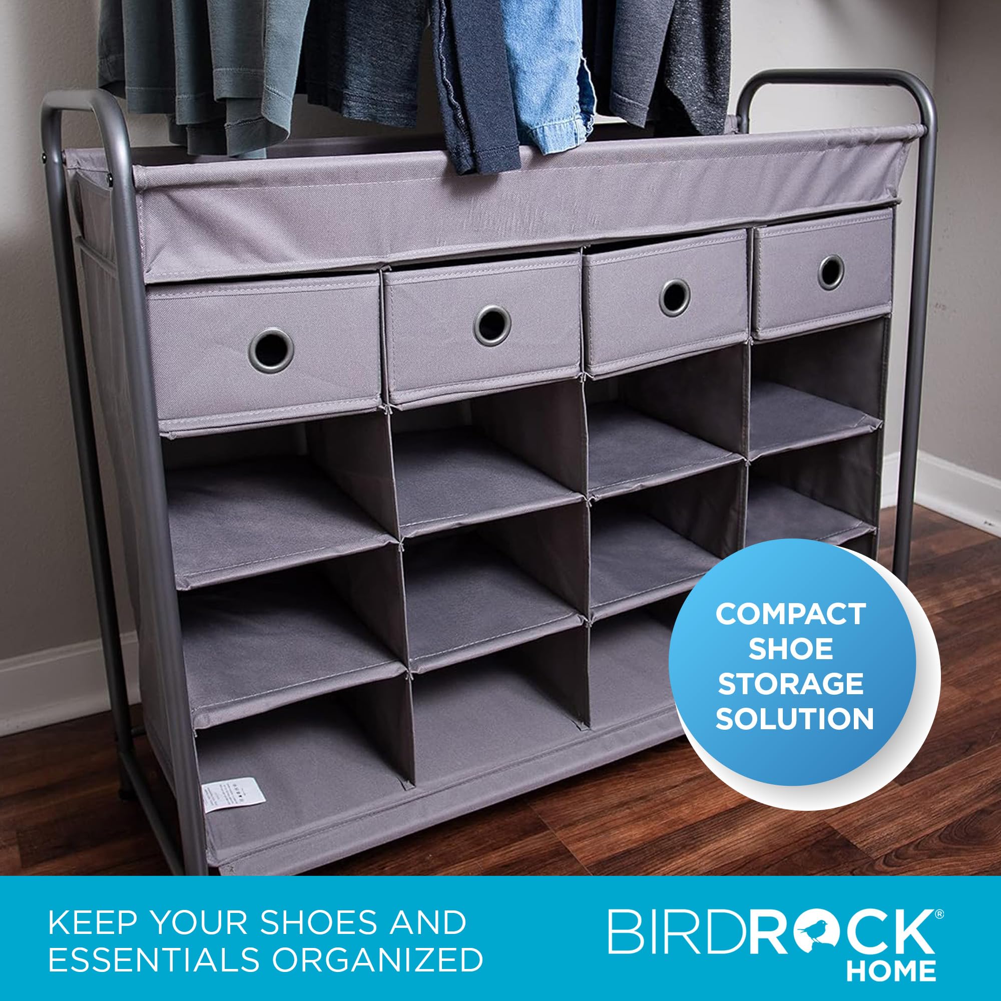 16-Cubby Shoe Rack with 4 Drawers - Space Saving Metal Cabinet for Bedroom & Entryway - Grey