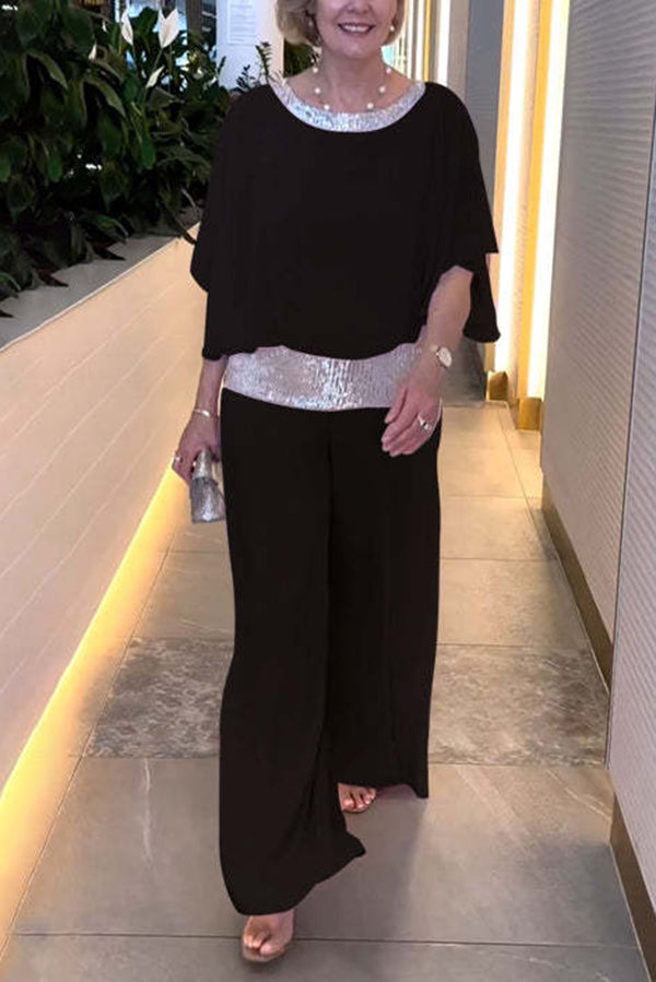 Trendy Sequin Patchwork Dolman Sleeve Blouse & Stretchy Waist Wide Leg Pants Set for Women | Party Outfit, Club Wear, Evening Attire, Special Occasion Fashion