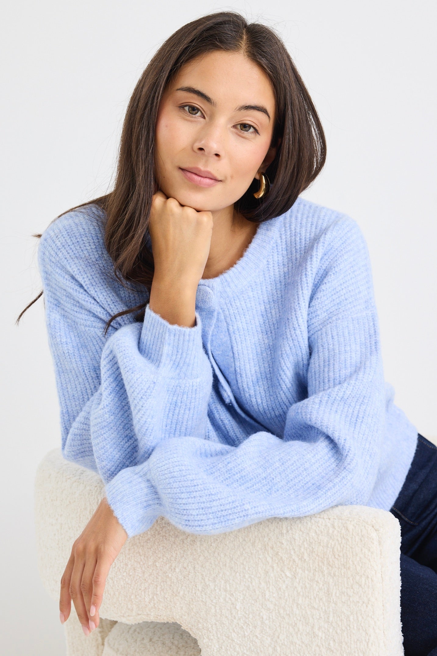 Authentic Ice Blue Crewneck Cardigan for Women - Soft Knit Sweater with Pockets - Perfect for Casual Wear, Office Outfits & Cozy Fall Fashion