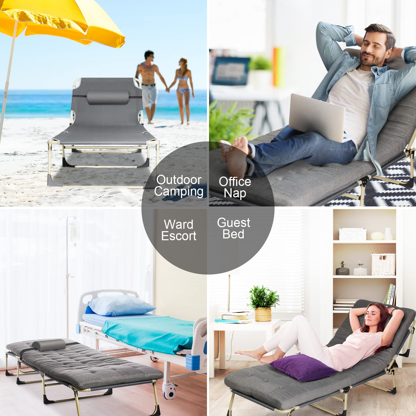 Todeco Grey Folding Bed with Mattress for Adults - Portable Foldable Guest Bed with Headrest & 4-Position Adjustable Recliner - Perfect for Camping, Indoor, Patio, Hospital Use - Great for Guest Rooms, Small Spaces & Outdoor Relaxation