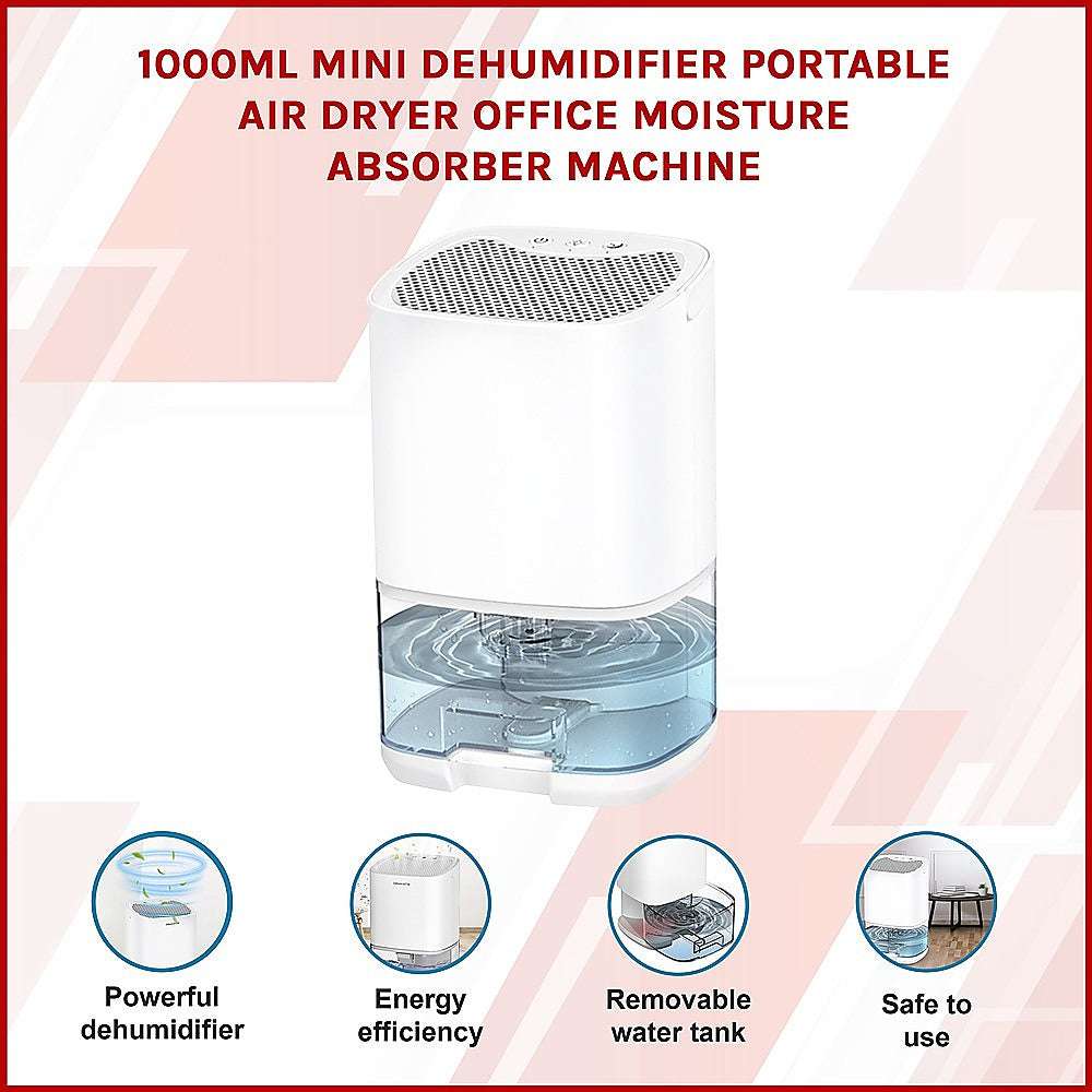 1000ML Mini Dehumidifier - Portable Air Dryer for Home, Office & Closet - Compact Moisture Absorber Machine for Basement, Bathroom & Small Spaces