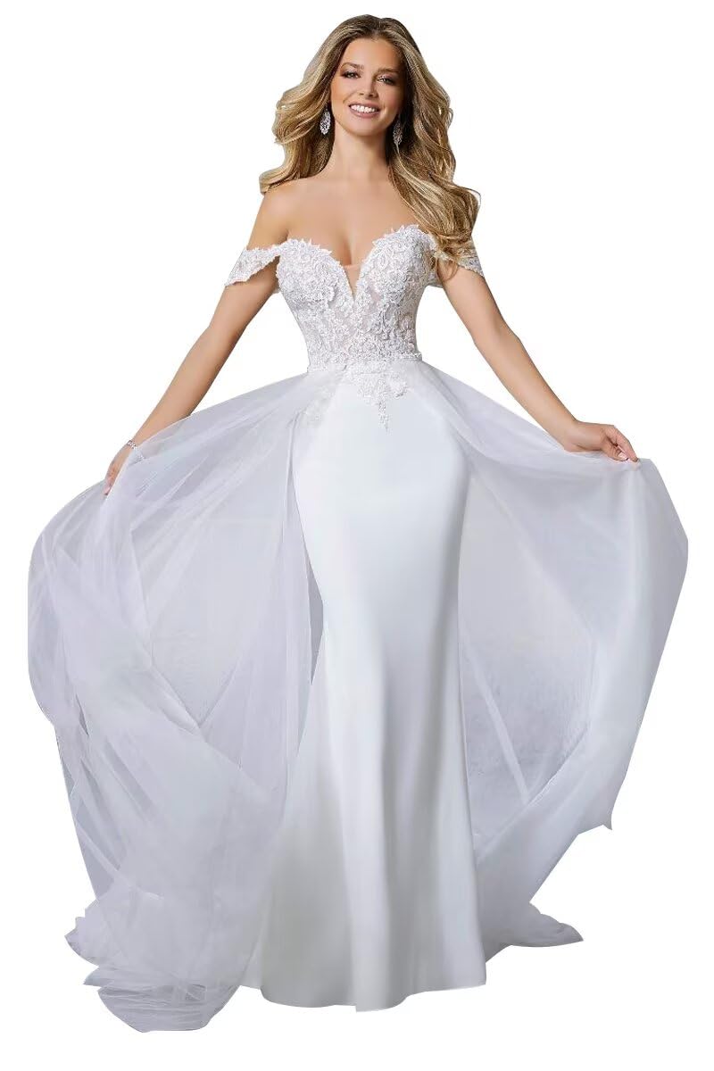 Elegant Mermaid Wedding Dress with Detachable Train | Off-Shoulder Lace Boho Bridal Gown for Beach & Destination Weddings | Perfect for Romantic Seaside Ceremonies & Outdoor Weddings