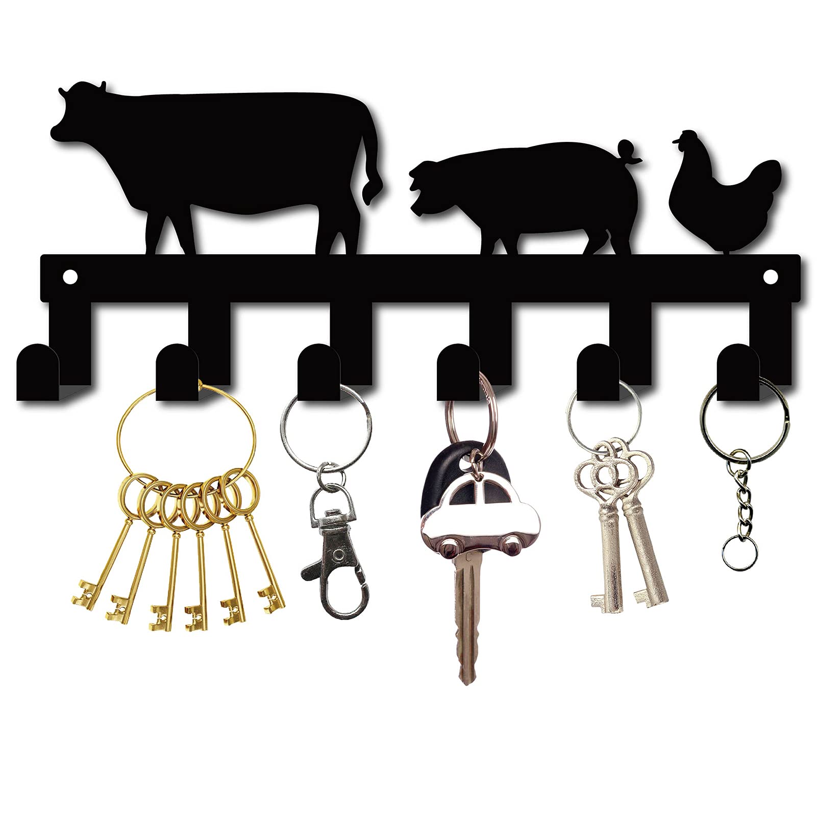 CREATCABIN Metal Key Holder with 6 Hooks - Wall Mounted Key Organizer for Entryway, Kitchen & Bathroom - Decorative Iron Hanger for Keys, Hats & Towels (10.6 x 4.3 Inch, Black, Farmhouse Animal Design)