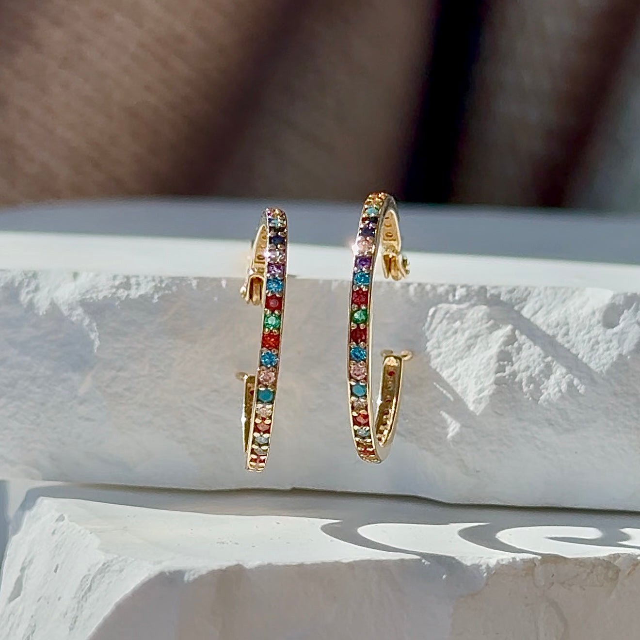 14K Yellow Gold Rainbow Pavé Studded Hoop Earrings - Dainty & Elegant Jewelry for Women - Perfect for Parties, Weddings & Everyday Wear