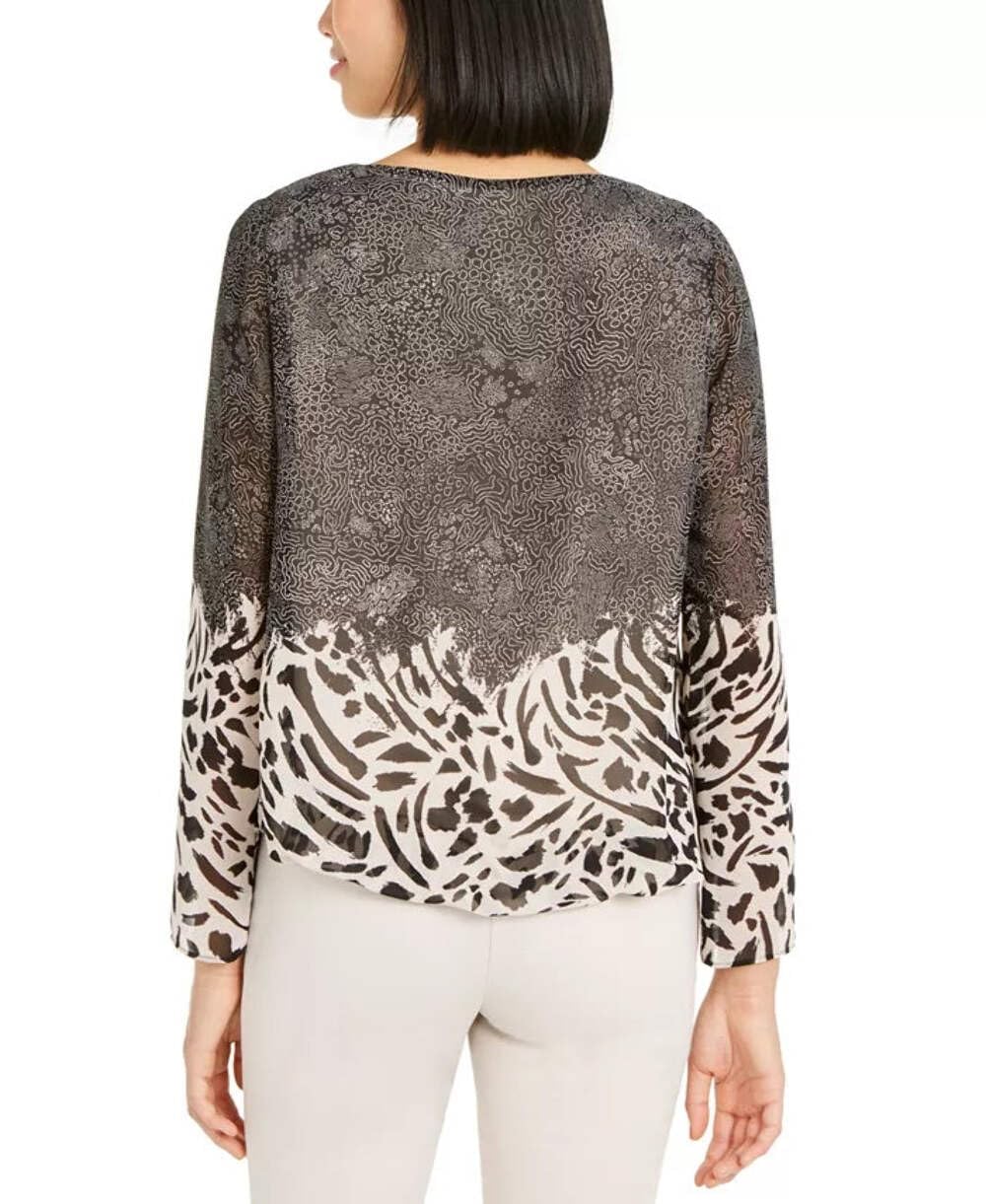 Alfani Women's Printed Angel Sleeve Bubble Top - Black, Size Small | Flowy Blouse for Casual Wear, Date Night & Office Outfits