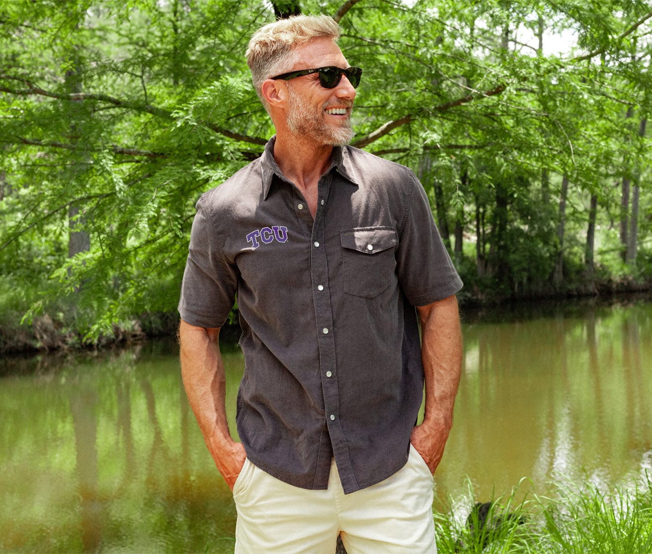 TCU Short Sleeve Corduroy Pearl Snap Shirt with TCU Logo in Gray - Perfect for Casual Wear, Western Style Outfits and Game Day Events