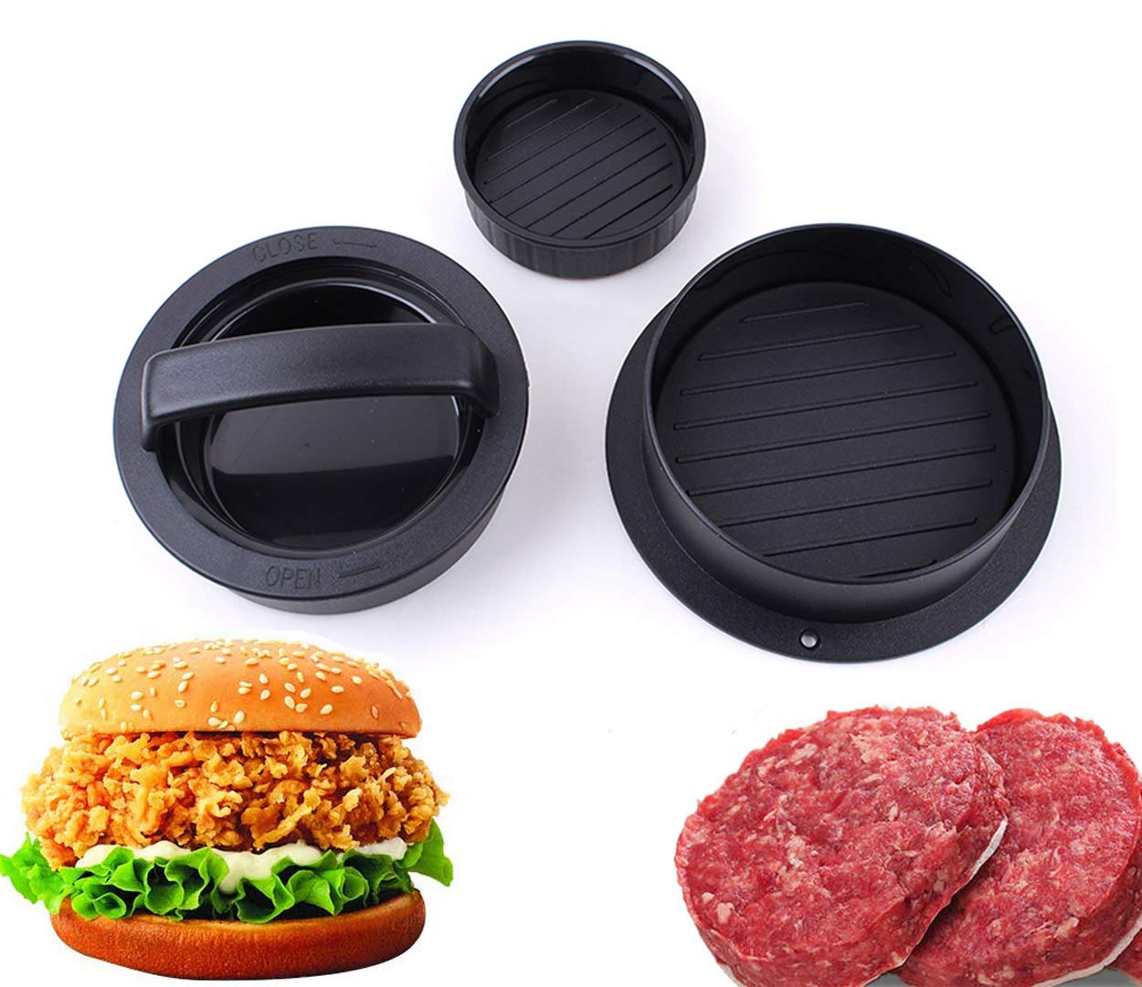 Ultimate 3-in-1 Hamburger Press Patty Maker - Heavy Duty Burger Making Kit for Grilling, BBQ & Kitchen - Perfect for Beef, Turkey & Veggie Patties - Essential Grill Accessories for Backyard Cookouts & Family BBQs (Black)