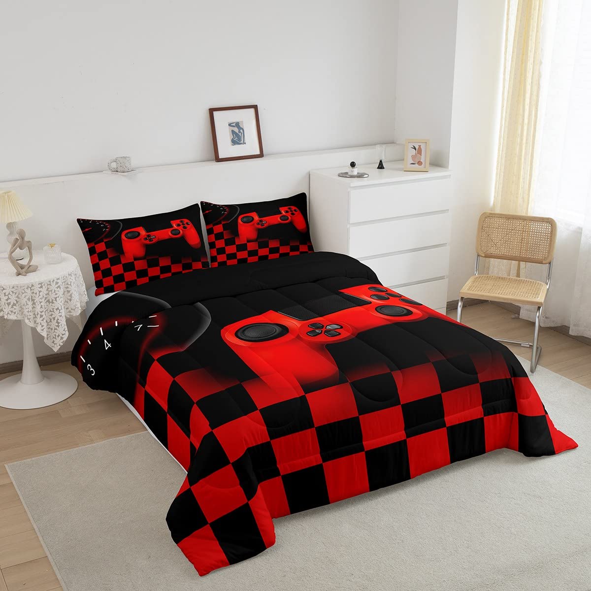 Gaming Comforter Set for Boys & Teens - Game Controller Design, All-Season Down Alternative Bedding, Buffalo Check Plaid Duvet Cover - Queen Size | Perfect for Gamer Bedroom Decor & Teen Boy's Room