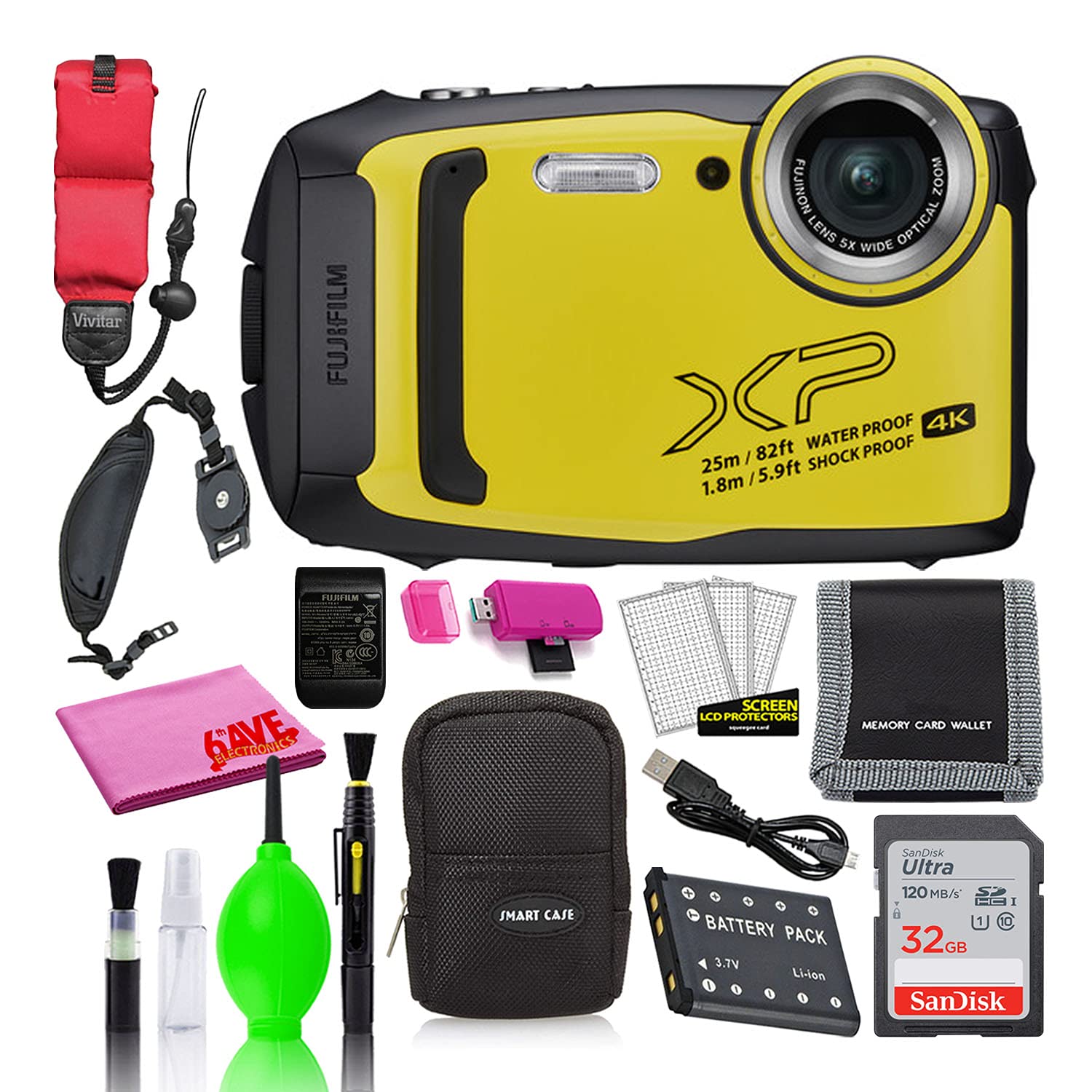 Fujifilm FinePix XP140 16MP Waterproof Digital Camera with 32GB SD Card Bundle - Shockproof, Freeze Proof & 5x Zoom for Underwater Photography, Travel & Outdoor Adventures (Yellow)