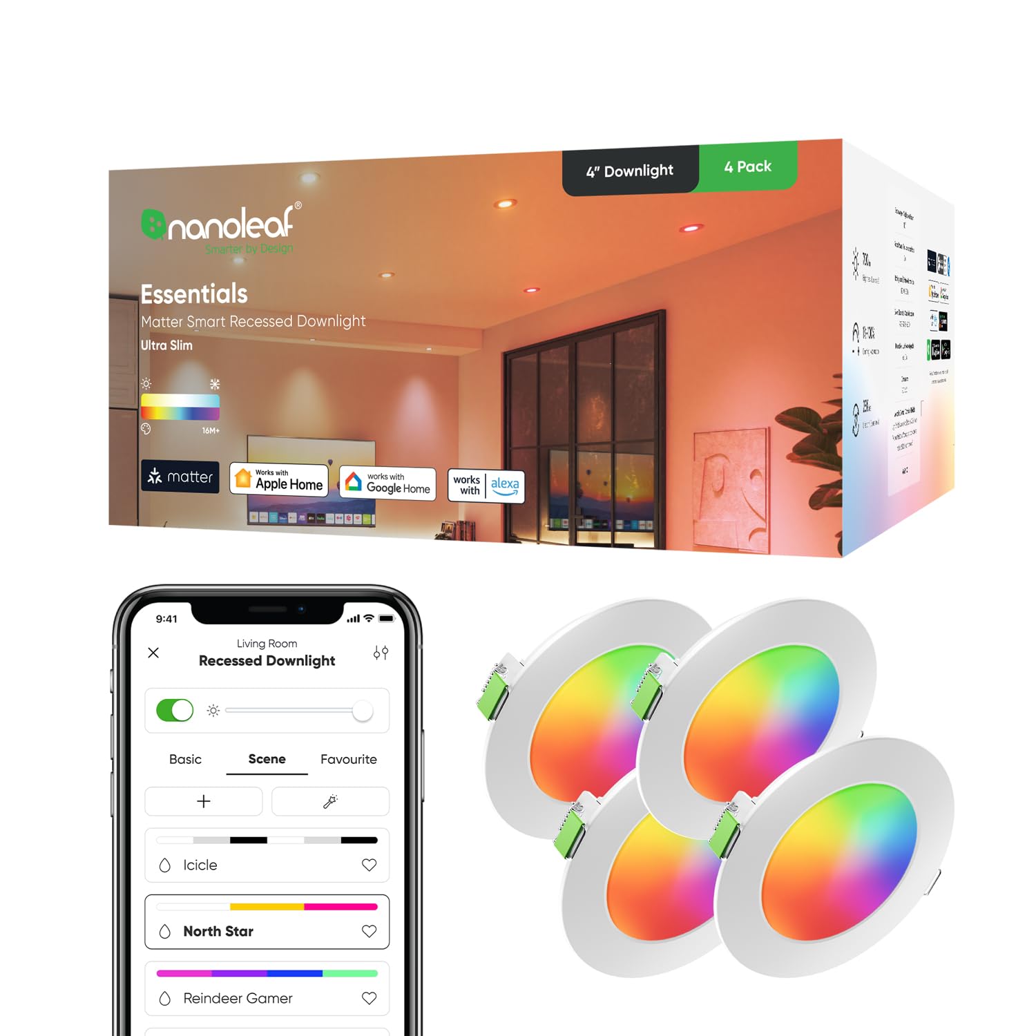 Nanoleaf Smart LED Ceiling Lights - 4 Inch Recessed Downlight (4 Pack) | Dimmable WiFi & Bluetooth Control | Perfect for Bedroom, Kitchen & Living Room Lighting