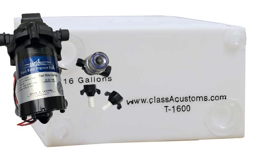 16 Gallon RV Fresh Water Tank with 12V Water Pump - Portable Water Storage for Camping, Boating & Outdoor Adventures | T-1600-PUMP | Class A Customs