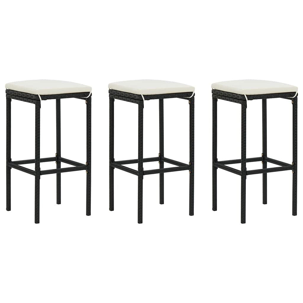 3-Piece Black Poly Rattan Bar Stool Set with Cushions - Counter Height Stools for Kitchen, Patio & Outdoor Dining - Fast Shipping