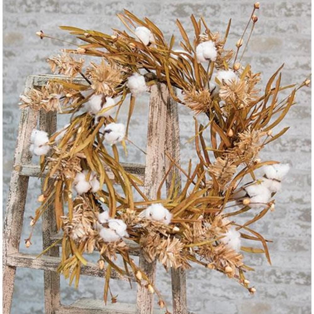 22 Inch Cotton Wreath with Fall Grass - Autumn Decoration for Front Door, Fireplace & Seasonal Home Decor
