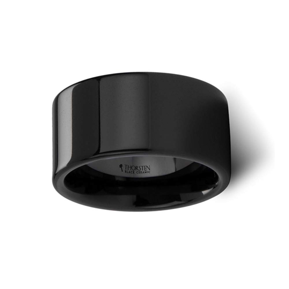 FRAENER Black Ceramic Wedding Ring for Men - 12mm Wide Polished Pipe Cut Wedding Band - Durable & Comfortable for Everyday Wear, Anniversary, and Special Occasions