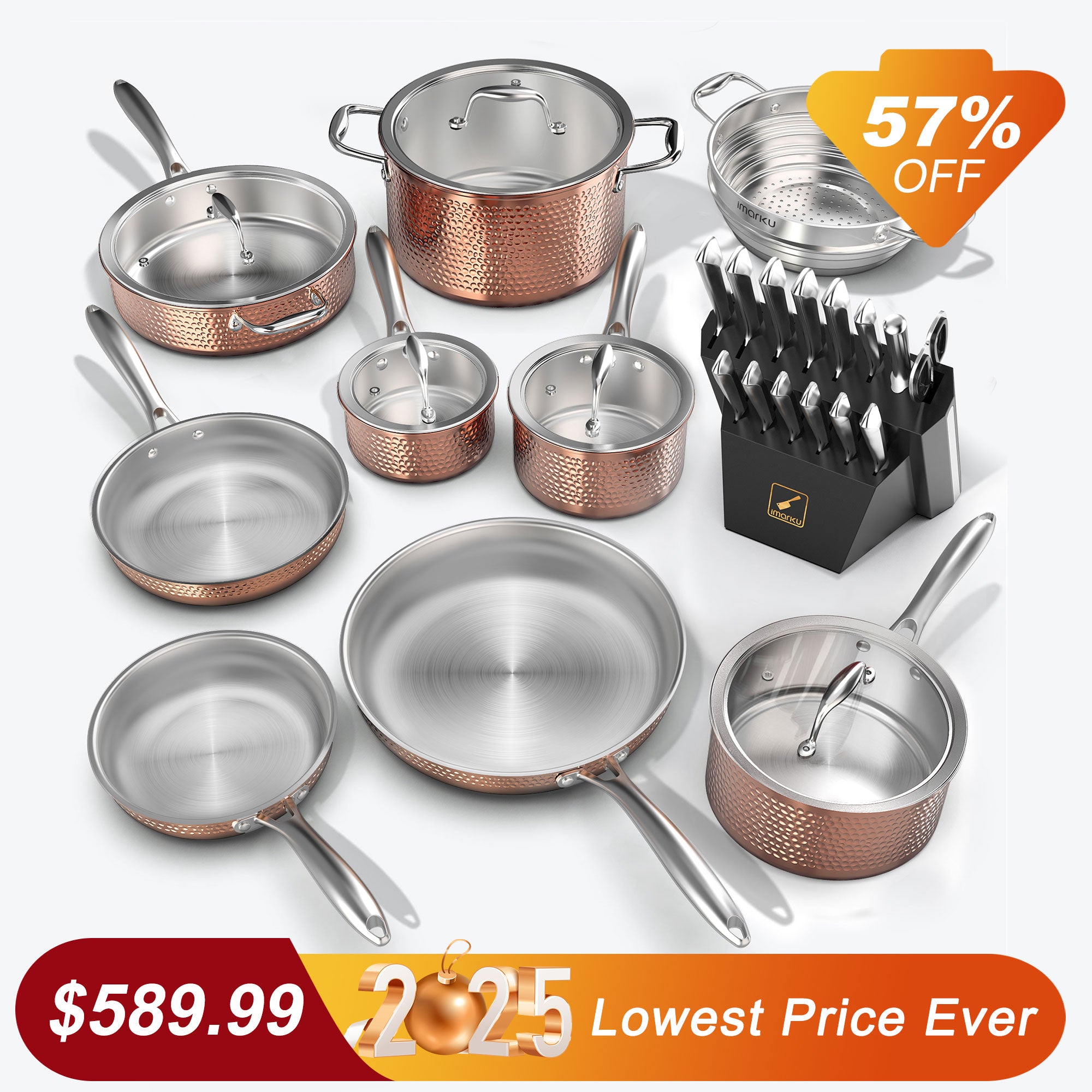14-Piece Premium Stainless Steel Cookware Set & 15-Piece Kitchen Knife Set - Nonstick Pots & Pans with Ergonomic Knives for Professional Chefs & Home Cooking