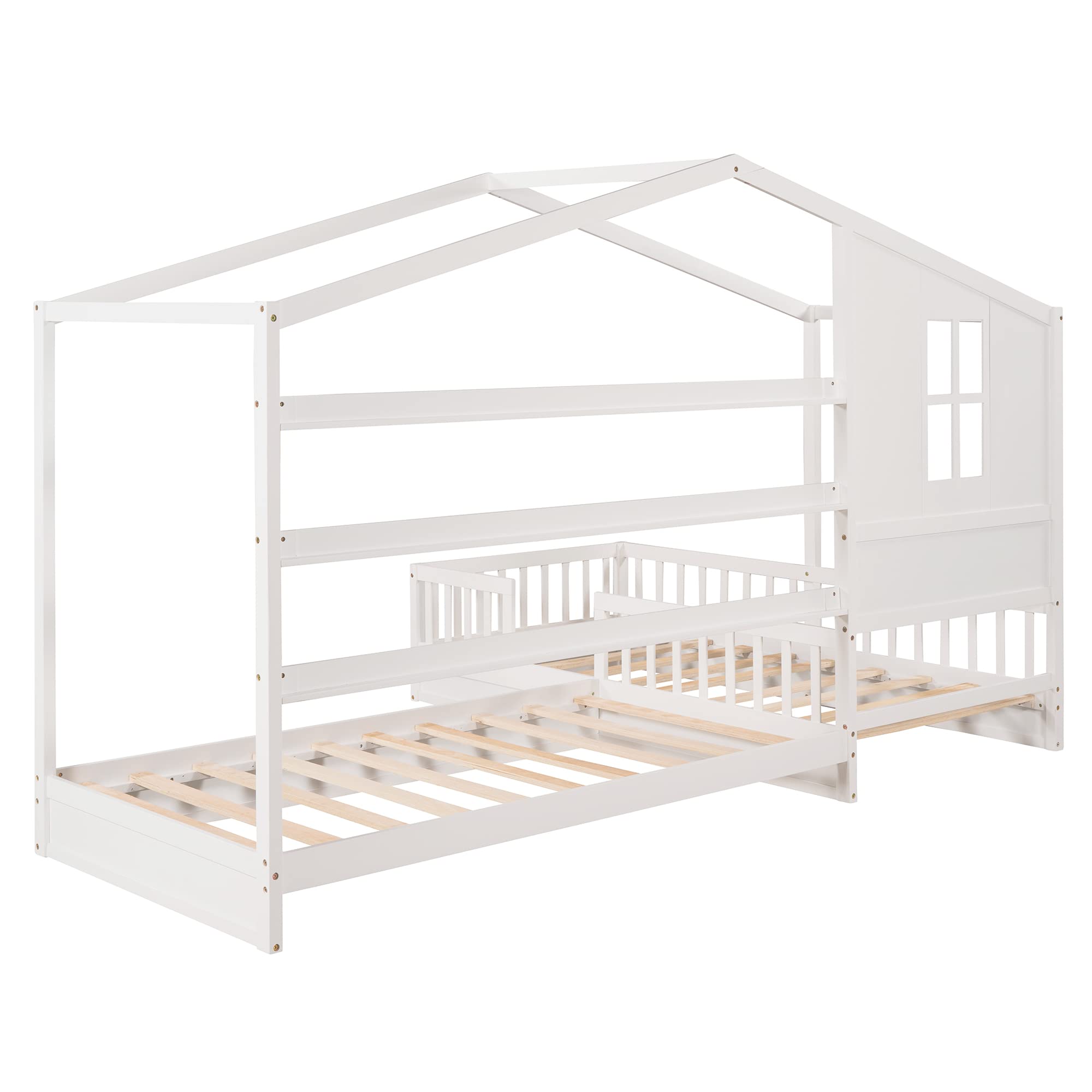 MERITLINE L-Shaped Twin House Bed for 2 Kids - Wooden Double Bunk Beds with Safety Fence & Playhouse Roof - Space-Saving Corner Bedroom Furniture - No Box Spring Needed (White) - Perfect for Kids' Rooms, Shared Bedrooms & Play Areas
