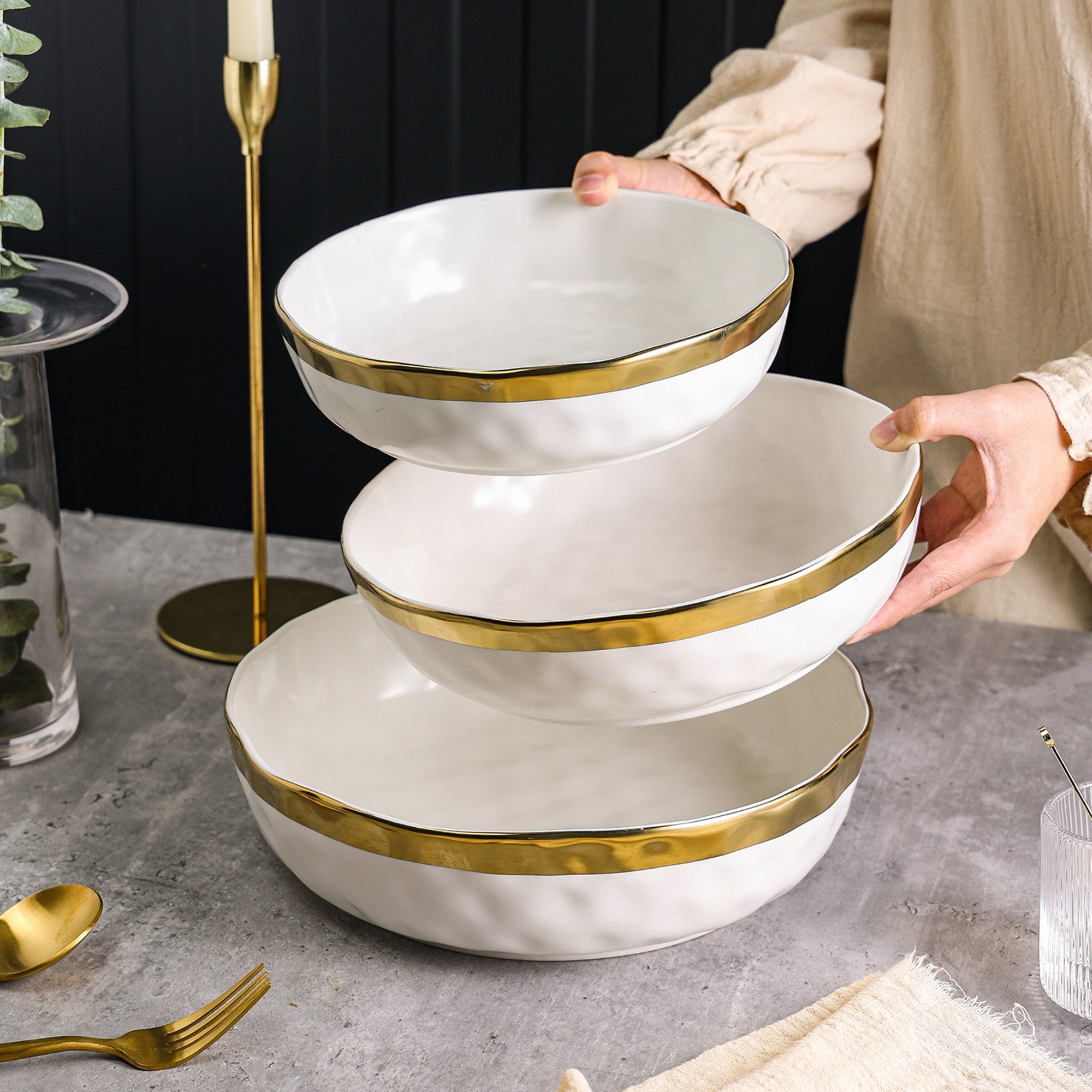 Florian Porcelain Dinner Bowl Set - 6-Piece White Ceramic Bowls for Soup, Salad & Dessert - Elegant Tableware for Home Dining & Entertaining