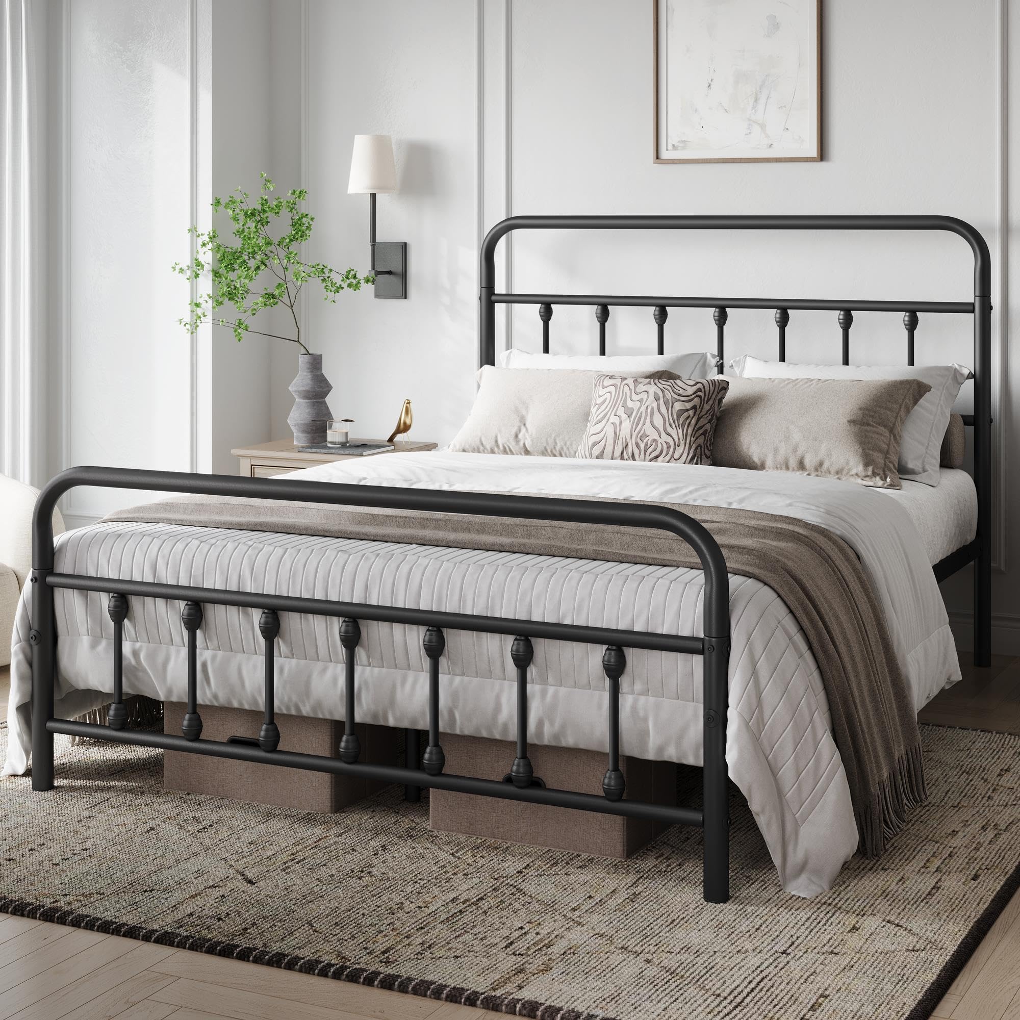 Yaheetech Queen Size Metal Platform Bed Frame with Victorian Iron-Art Headboard - No Box Spring Needed, Under Bed Storage - Classic Black Bedroom Furniture for Master Bedroom, Guest Room & Dorm