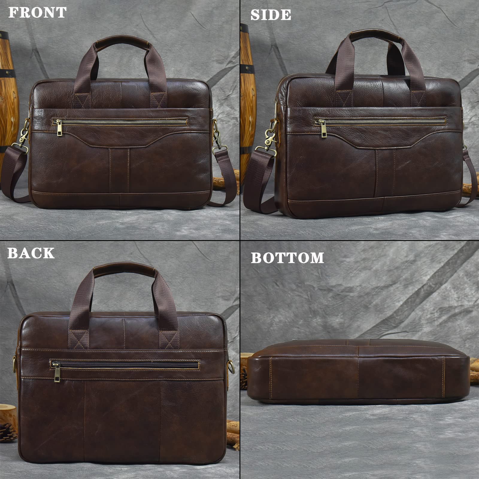 Premium Genuine Leather Briefcase for Men - 15.6 Inch Business Laptop Bag with Adjustable Shoulder Strap - Professional Work & Travel Handbag for Office, Commuting & Business Trips