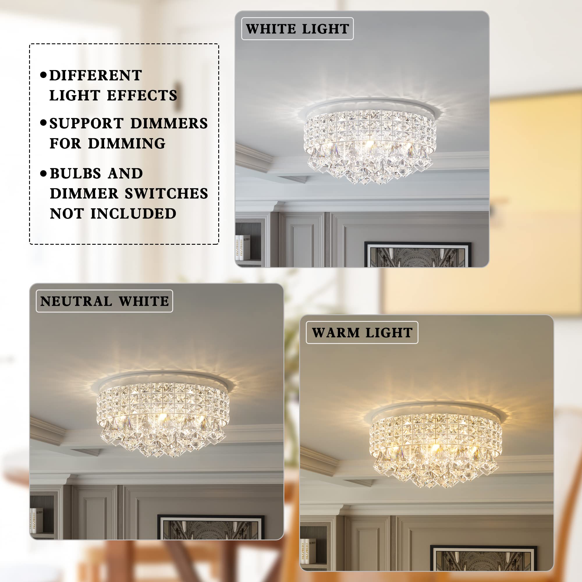 Maxax 4-Light Crystal Chandelier - Modern Drum Ceiling Light Fixture with Raindrop Design, Round Metal Shade Flush Mount Lighting for Dining Room, Living Room, Bedroom, Bathroom (Chrome Finish) - Perfect for Home Decor, Wedding Venues, and Restaurant Lighting