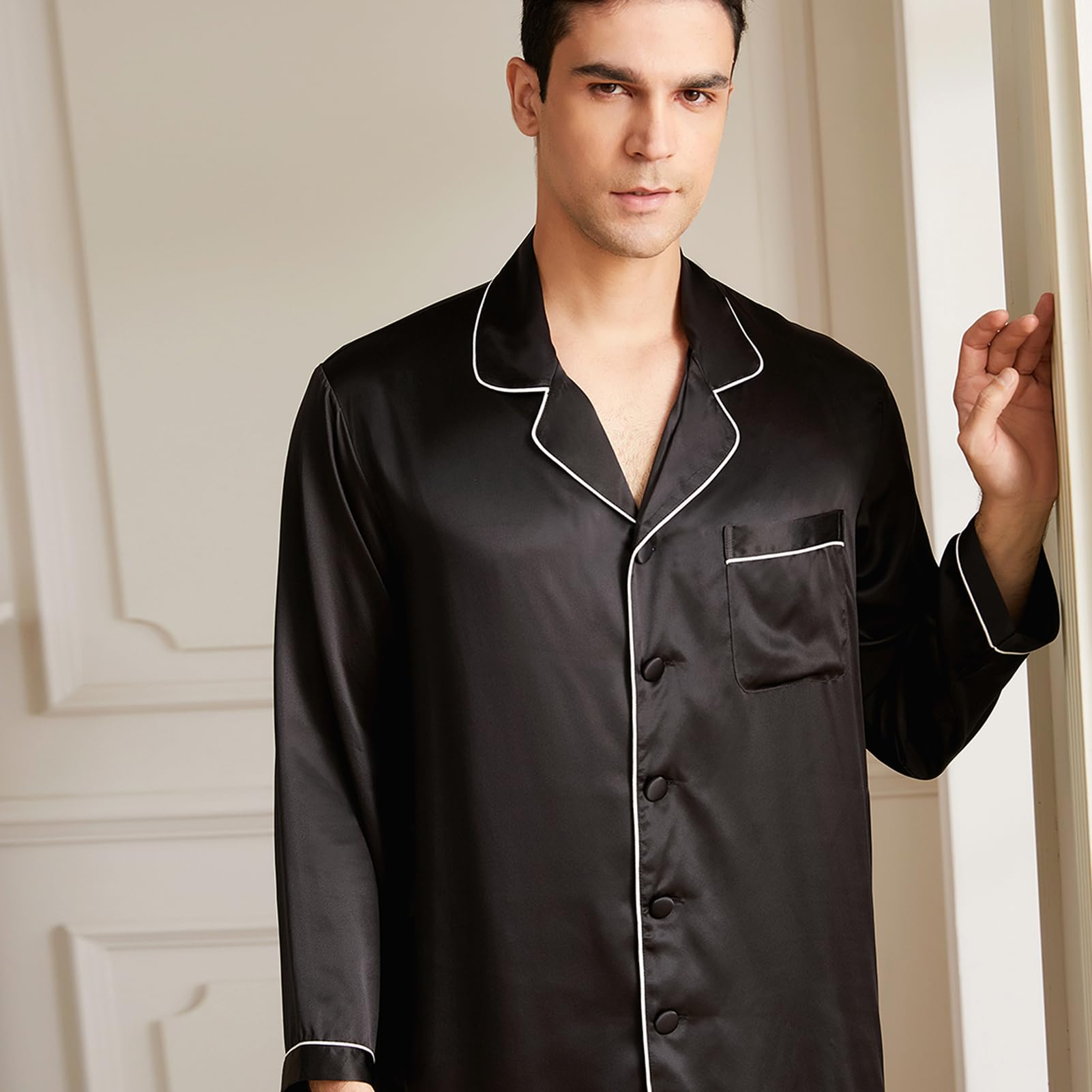 Luxury 19 Momme Mulberry Silk Pajama Set for Men - 2 Piece Long Sleeve Silk Pajamas, Lightweight & Breathable for Sleep, Lounge & Travel