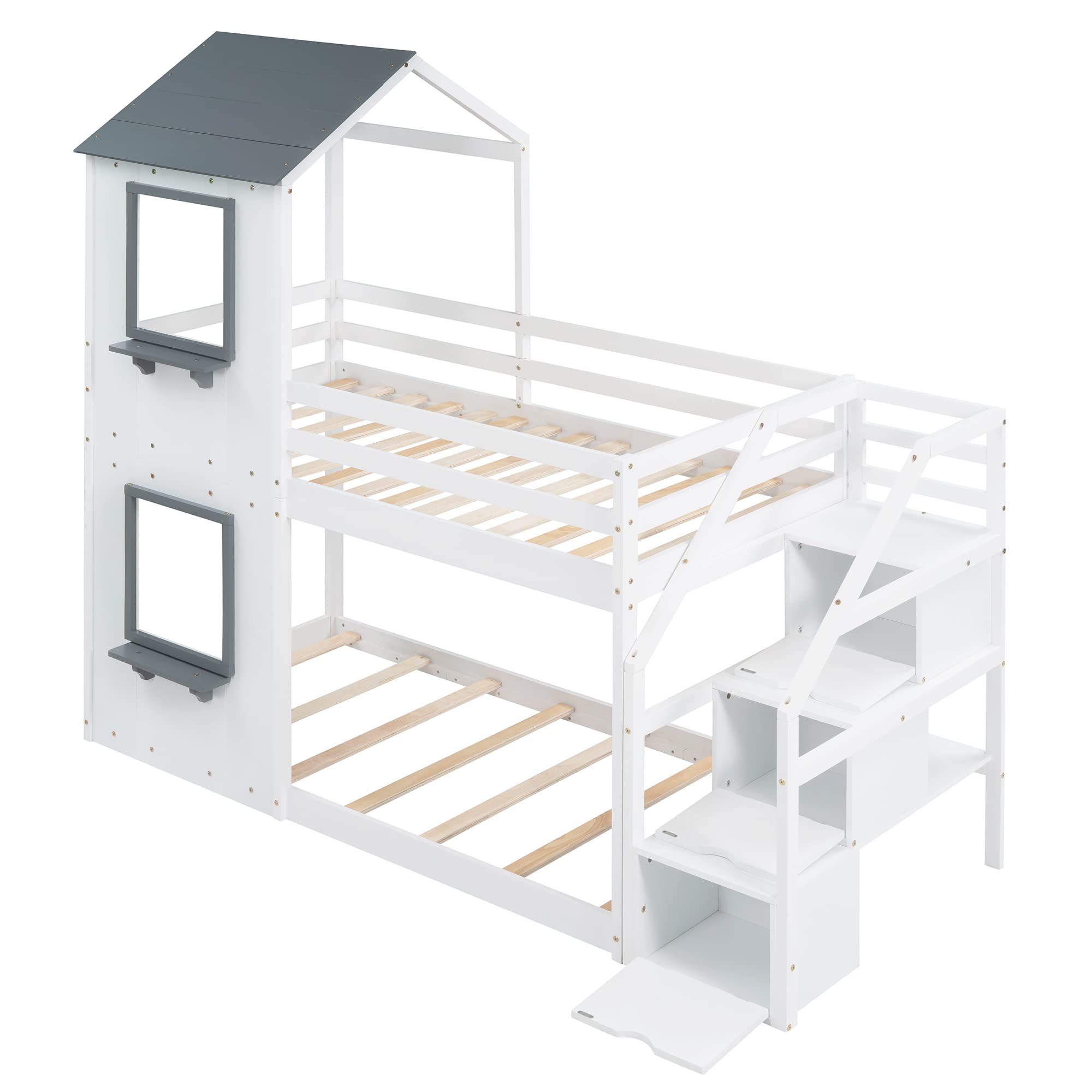 Polibi Twin Over Twin Wooden Bunk Bed with Storage Stairs, Roof, Window, Ladder & Guardrails - Space Saving Kids Bedroom Furniture for Small Rooms (White) - Perfect for Shared Kids' Rooms, Sleepovers and Vacation Homes