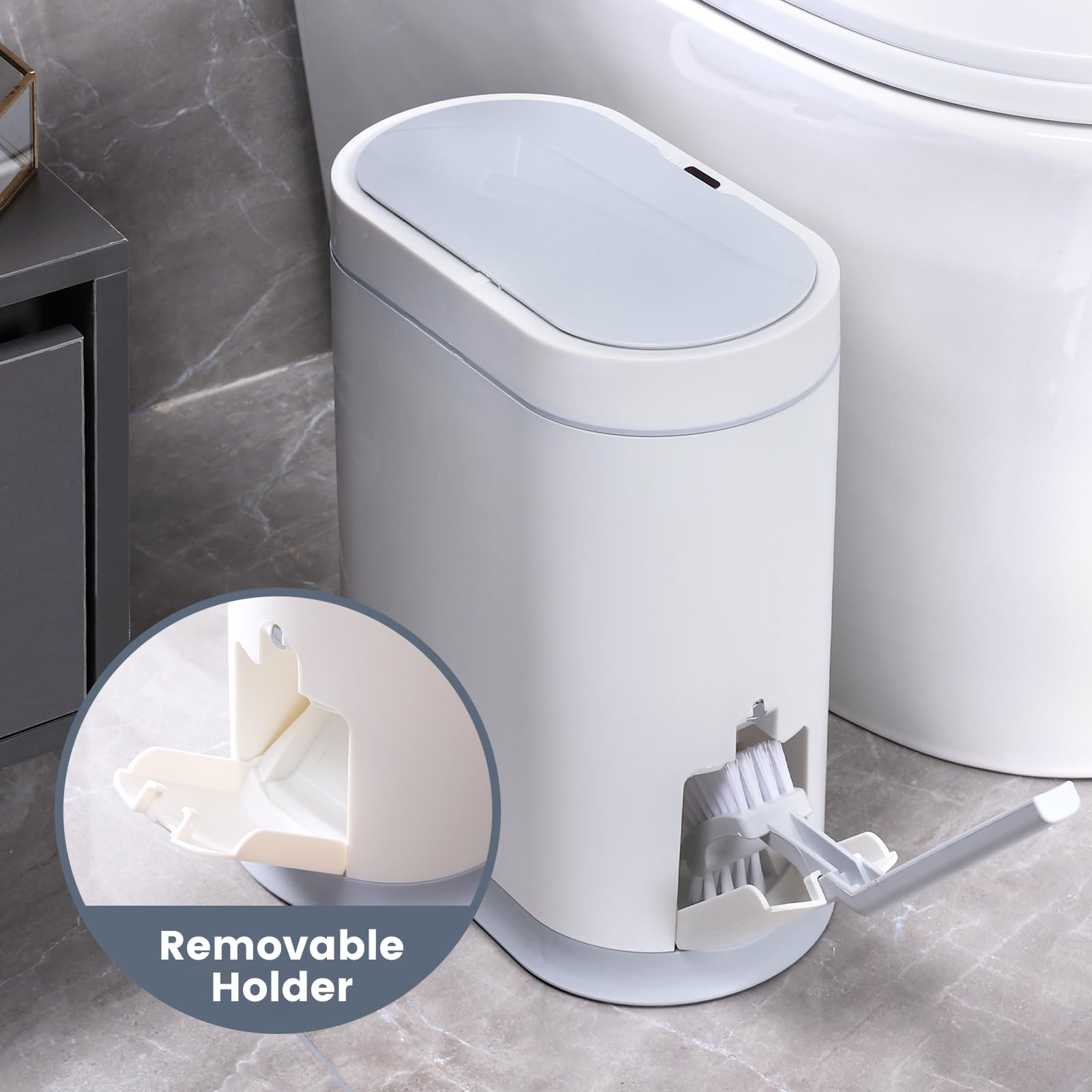ELPHECO 2.5 Gallon Slim Motion Sensor Trash Can with Lid - Automatic Waterproof Bathroom Garbage Bin with Toilet Brush - Smart Touchless Waste Bin for Toilet, Home, Office (White)