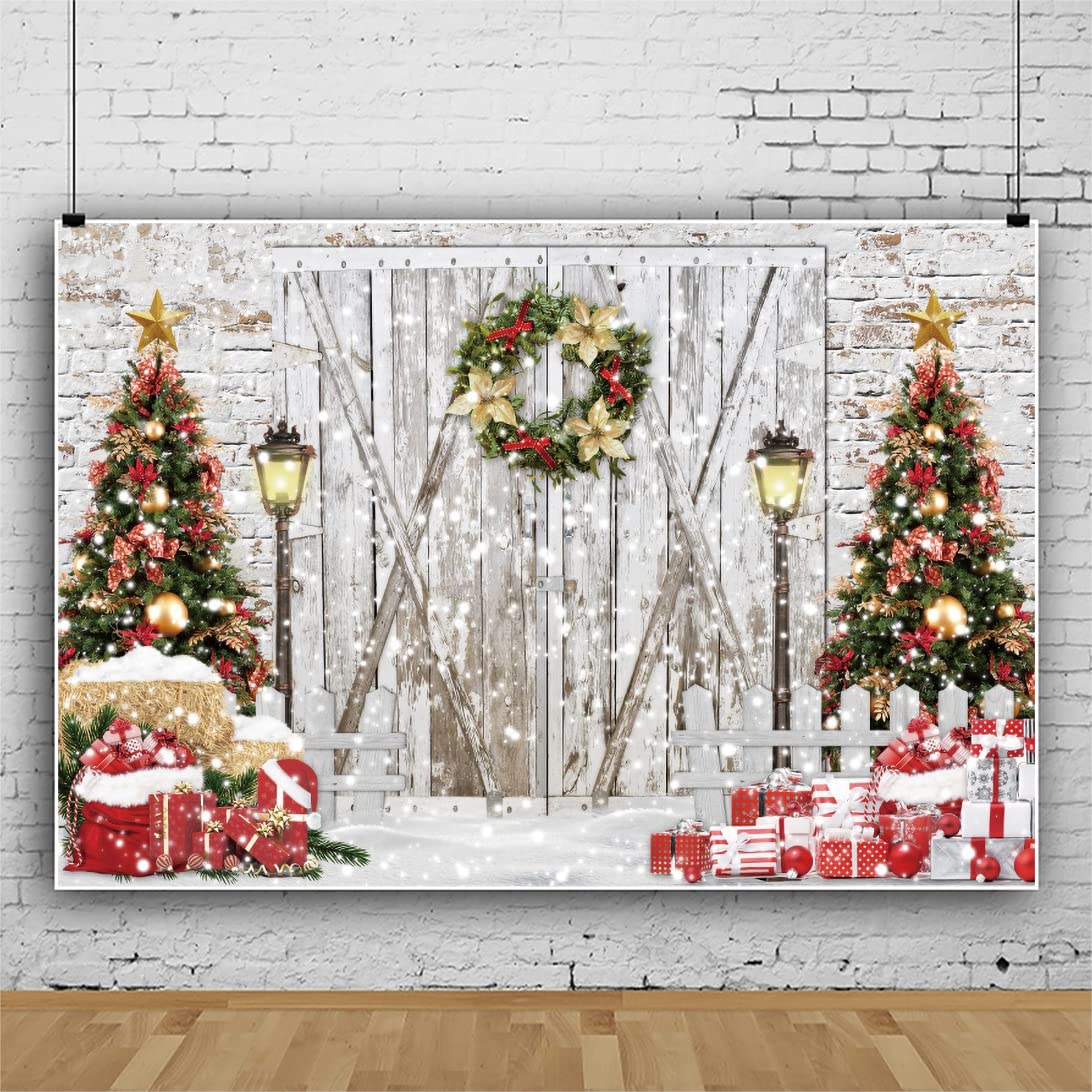 20x10ft Christmas Photography Backdrop - Snowy Winter Wreath on Wooden Door with Brick Wall & Pine Tree Decor - Gold Red Ornaments Holiday Photo Background for Xmas Party, Family Portraits & Social Media Content