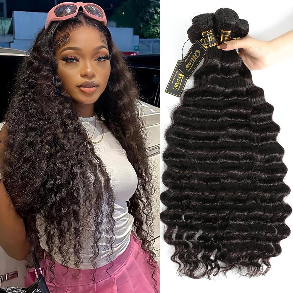 QTHAIR 100% Peruvian Virgin Human Hair Bundles - 16 18 20 22 Inch Deep Wave Loose Curly Hair Extensions - 14A Grade Natural Black Color for Black Women - Perfect for Daily Wear, Styling & Protective Hairstyles