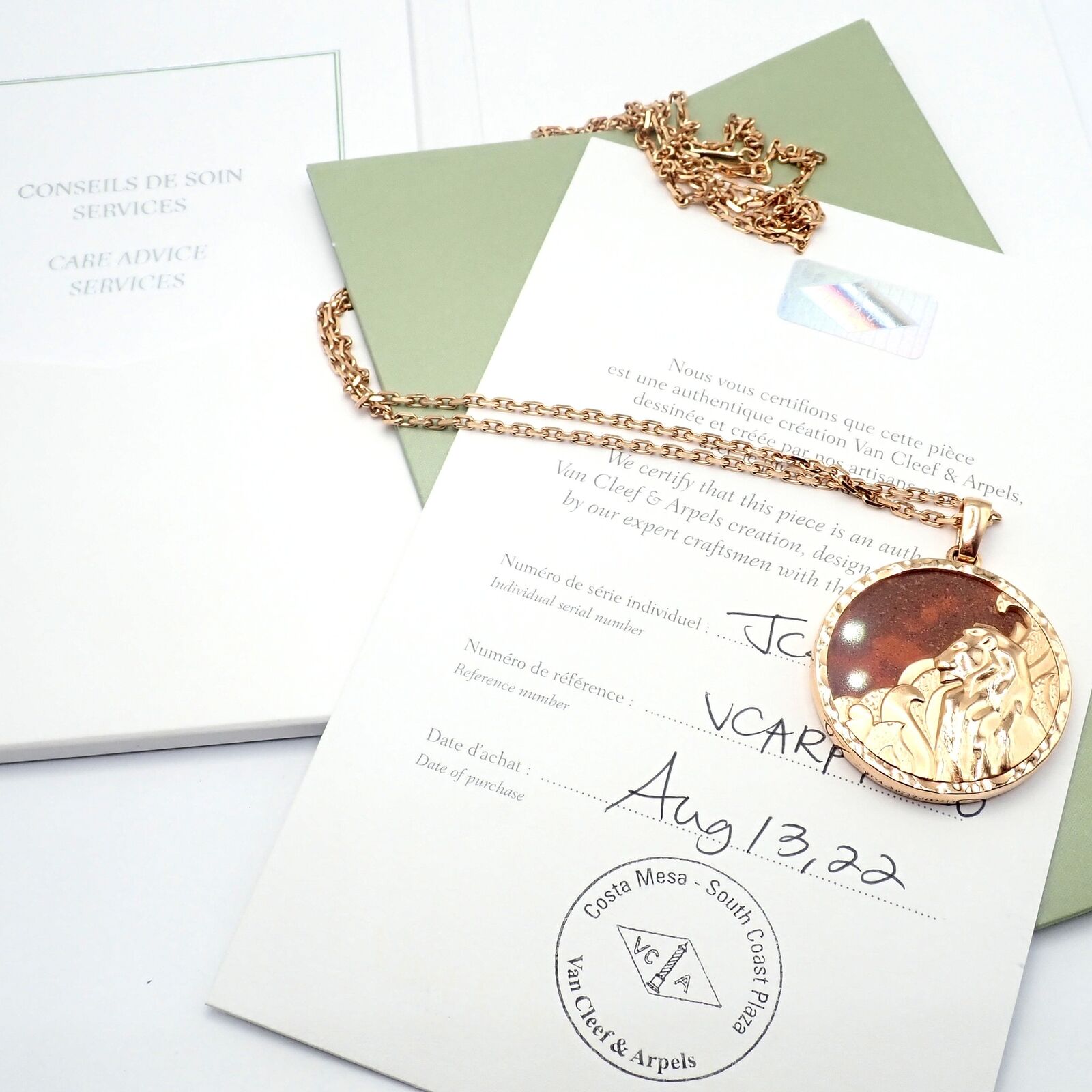 Van Cleef & Arpels 18K Rose Gold Leo Zodiac Pendant Necklace with Red Jasper - Authentic with Certificate - Perfect for Birthdays, Anniversaries & Luxury Gifts