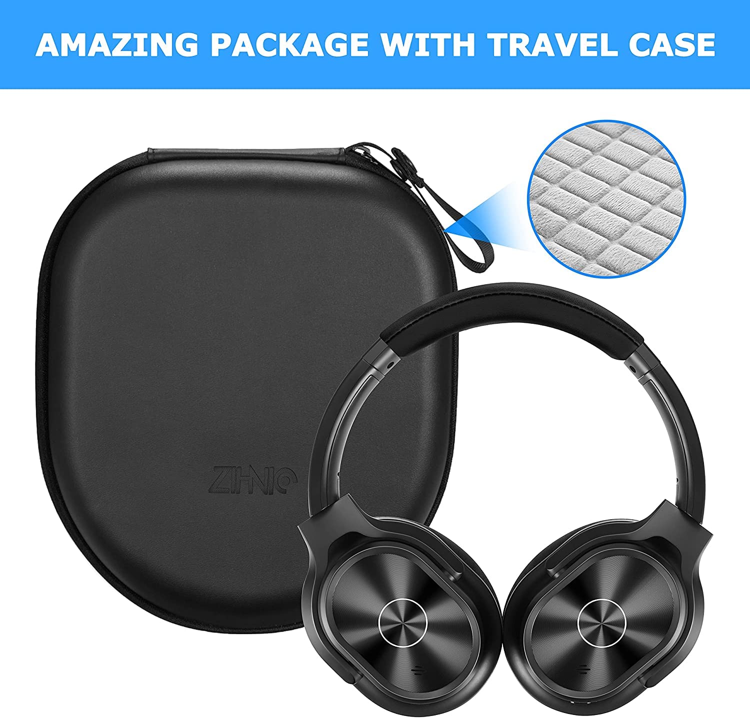 ZIHNIC Wireless Bluetooth Headphones with Active Noise Cancelling, 40H Battery Life, Hi-Fi Stereo & Deep Bass - Comfortable Over-Ear Design for Travel, Work, Home Office & Commuting (Black)