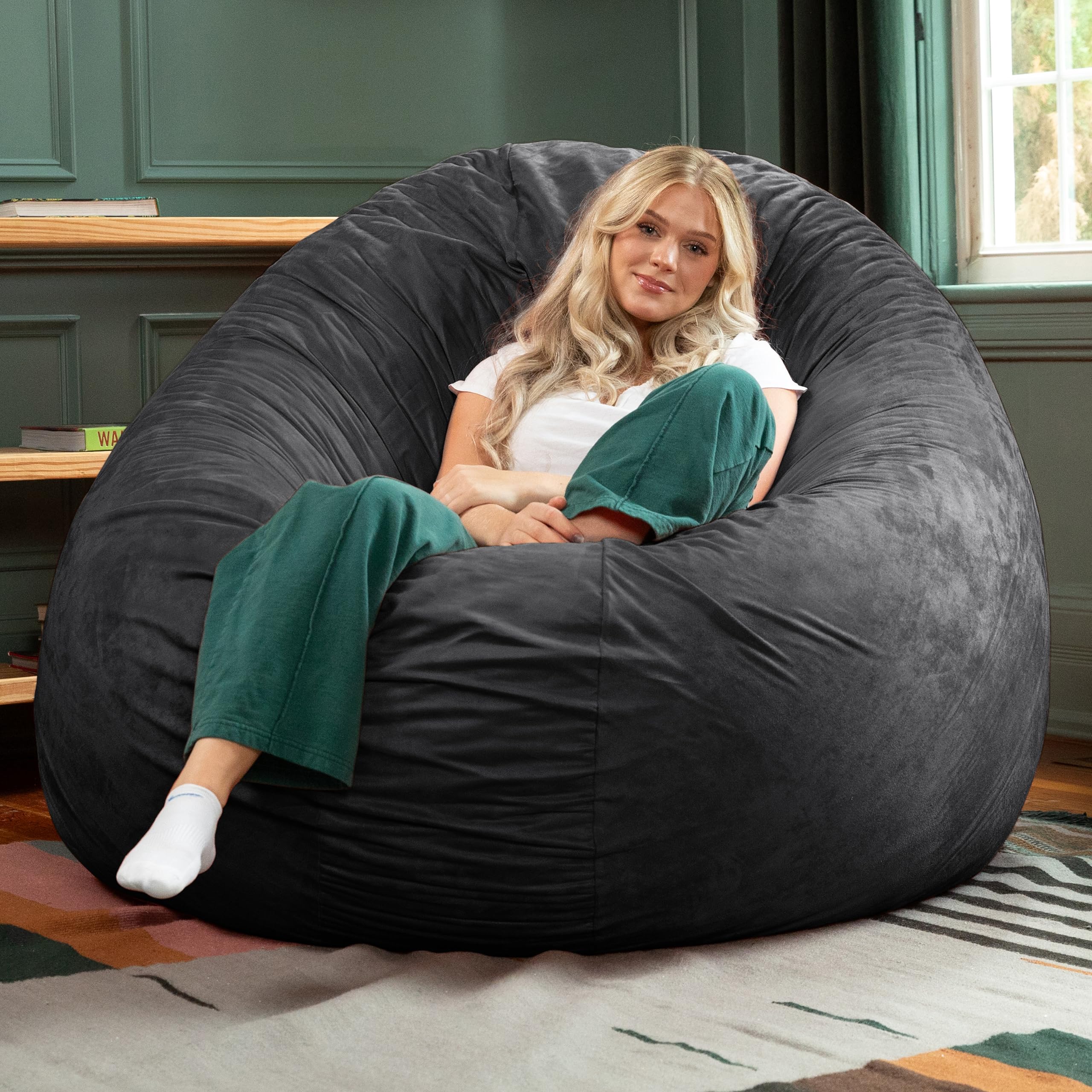 Jaxx 6 Foot Extra Large Cocoon Bean Bag Chair for Adults - Premium Black Memory Foam Filled Lounger - Perfect for Living Room, Bedroom, Game Room & Dorm Relaxation