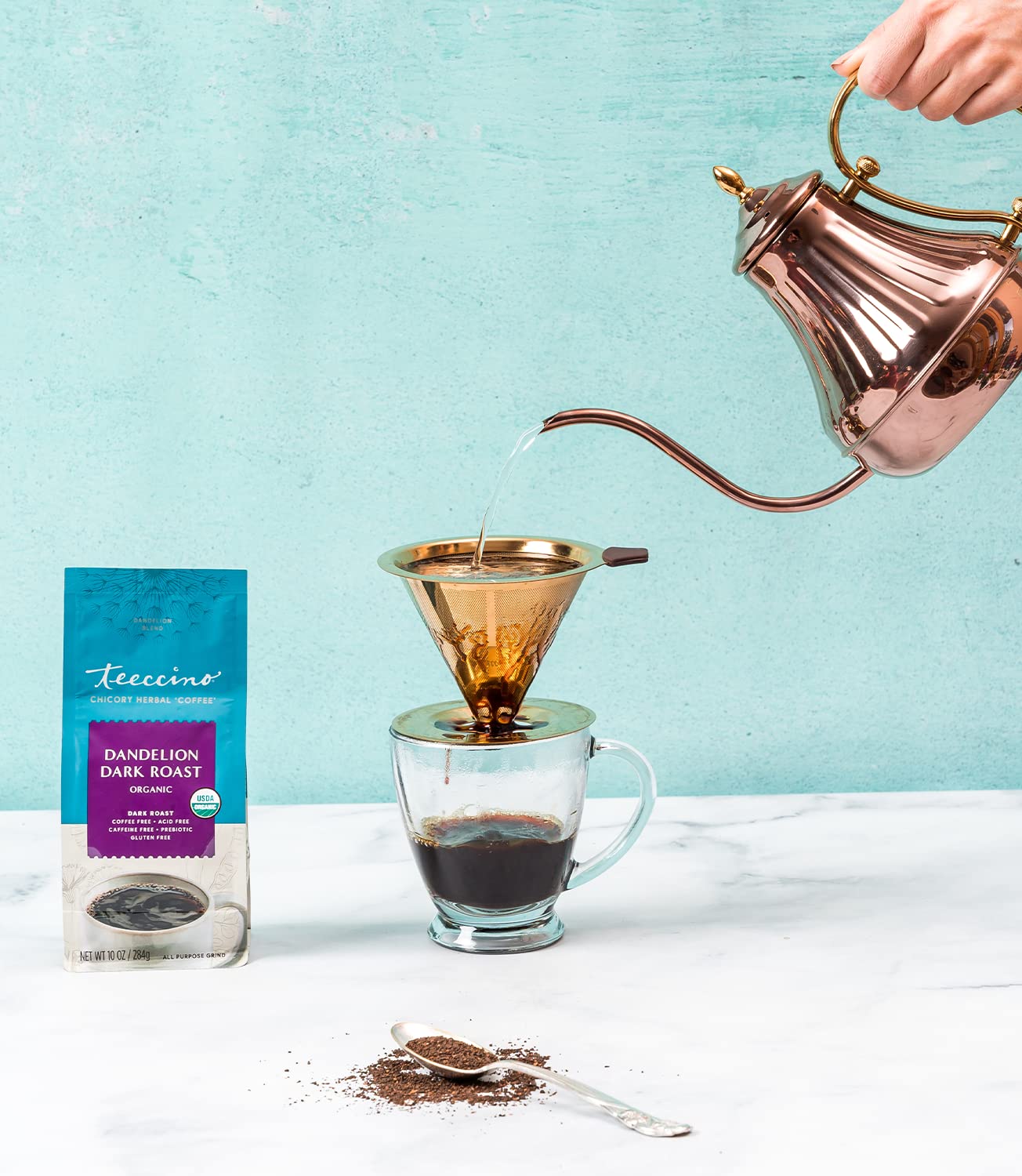 Teeccino Pour Over Coffee Maker with 2 (Two) 11 Ounce Bags of Dandelion Coffee Alternative - Dark Roast & Vanilla Nut – Caffeine Free, Acid Free, Prebiotic, Stainless Steel Gold Coffee Dripper | Perfect for Home Brewing, Office Use & Gift Giving