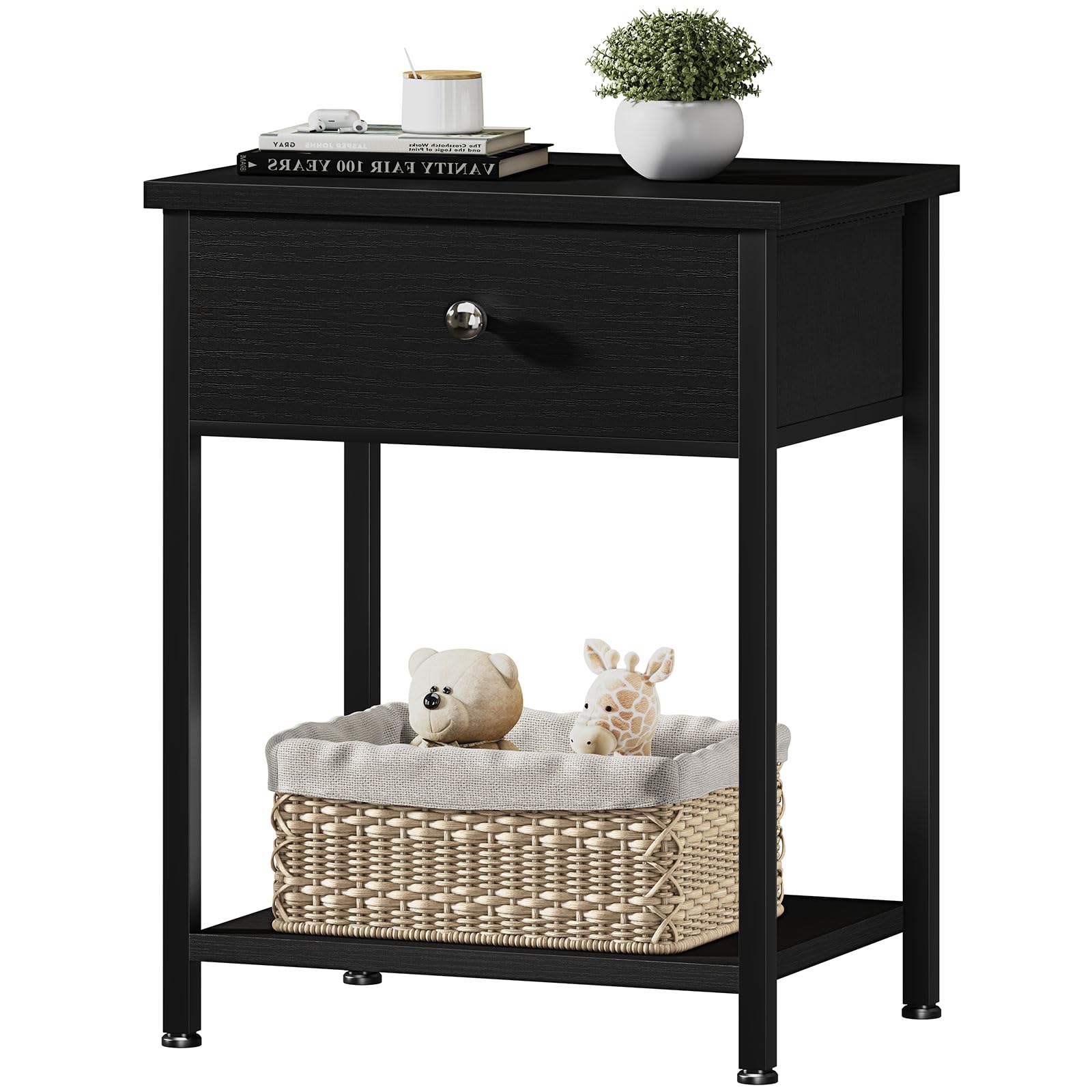 Modern Black Nightstand with Drawers - Small Bedside Table with Storage for Bedroom, Dorm, Apartment | Perfect for Reading Lamps, Alarm Clocks & Bedroom Essentials