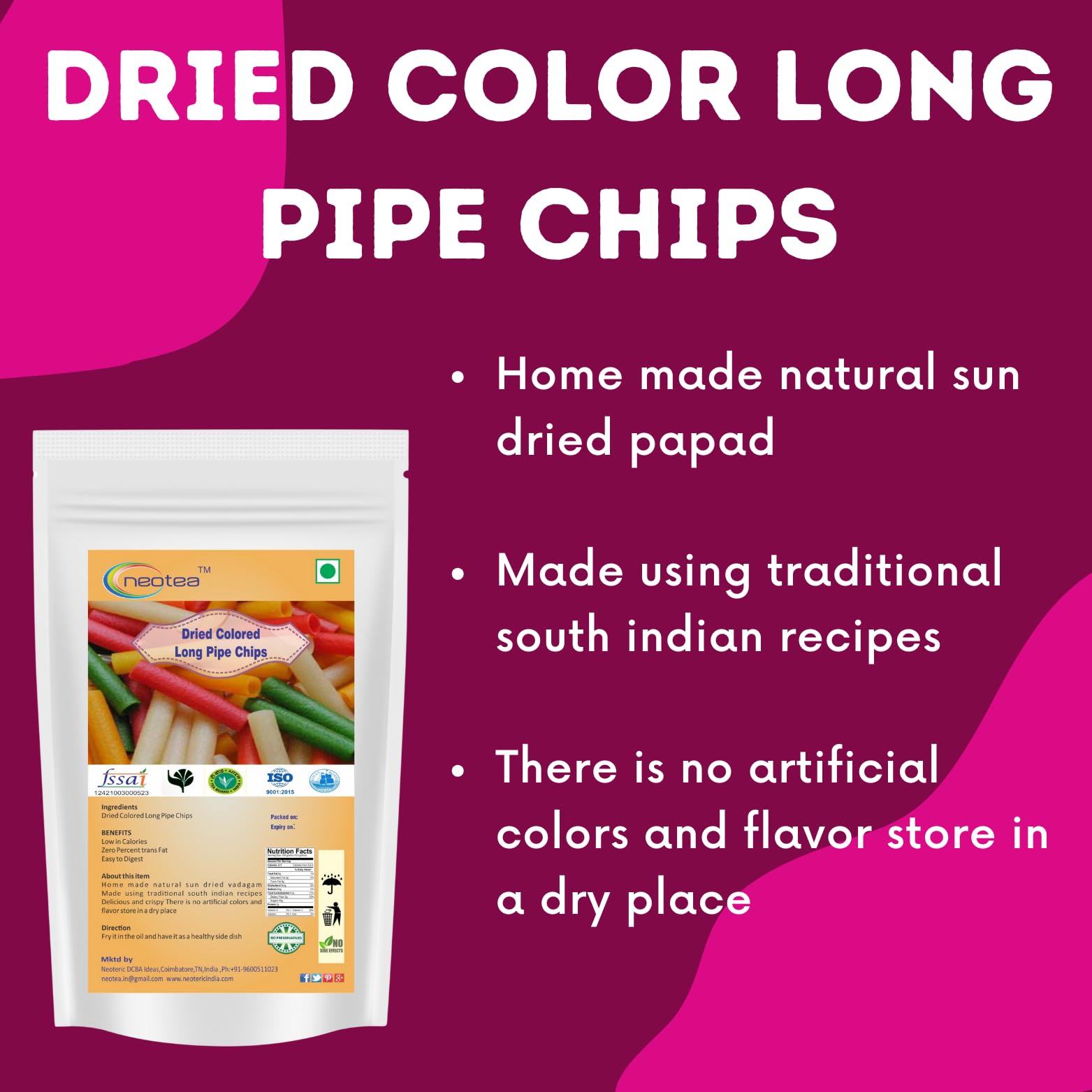 Neotea Homemade Fryum Snacks - Dried Colorful Long Pipe Chips (250g) | Crunchy Vegan Snack for Parties, Movie Nights & Healthy On-the-Go Munching