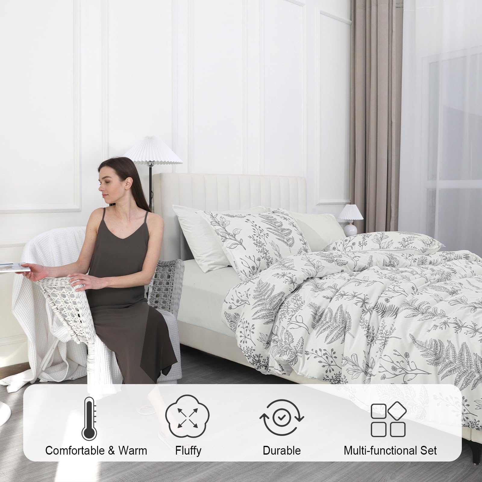 PHF 7-Piece King Comforter Set - Ultra Soft Reversible Botanical Bedding | Includes Comforter, Pillow Shams, Flat Sheet, Fitted Sheet & Pillowcases | Perfect for Master Bedroom, Guest Room & Cozy Home Decor | White