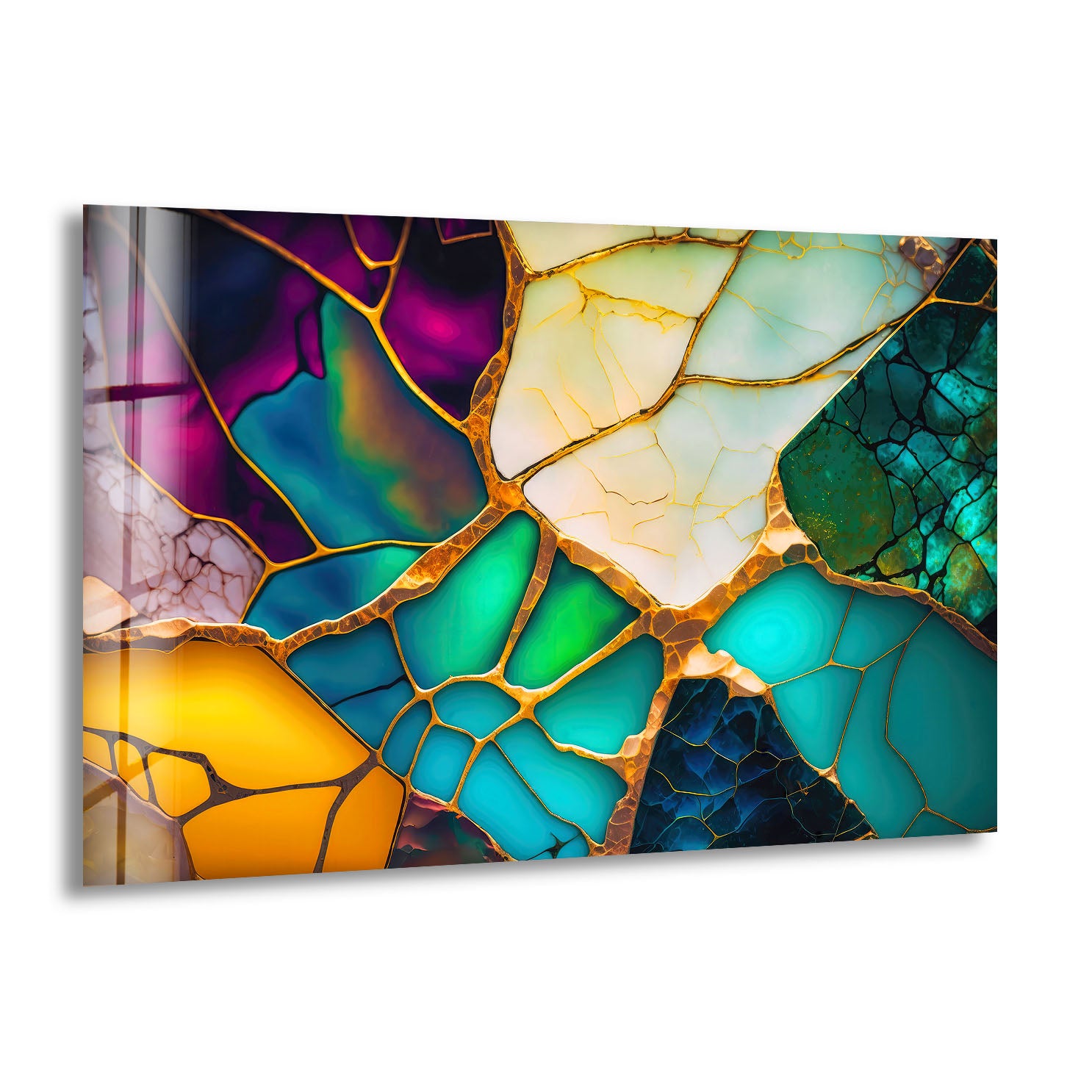 Vibrant Abstract Stained Glass Wall Art - Golden Fractured Modern Glass Print for Home & Office Decor | Elegant Living Room, Bedroom, or Entryway Wall Hanging