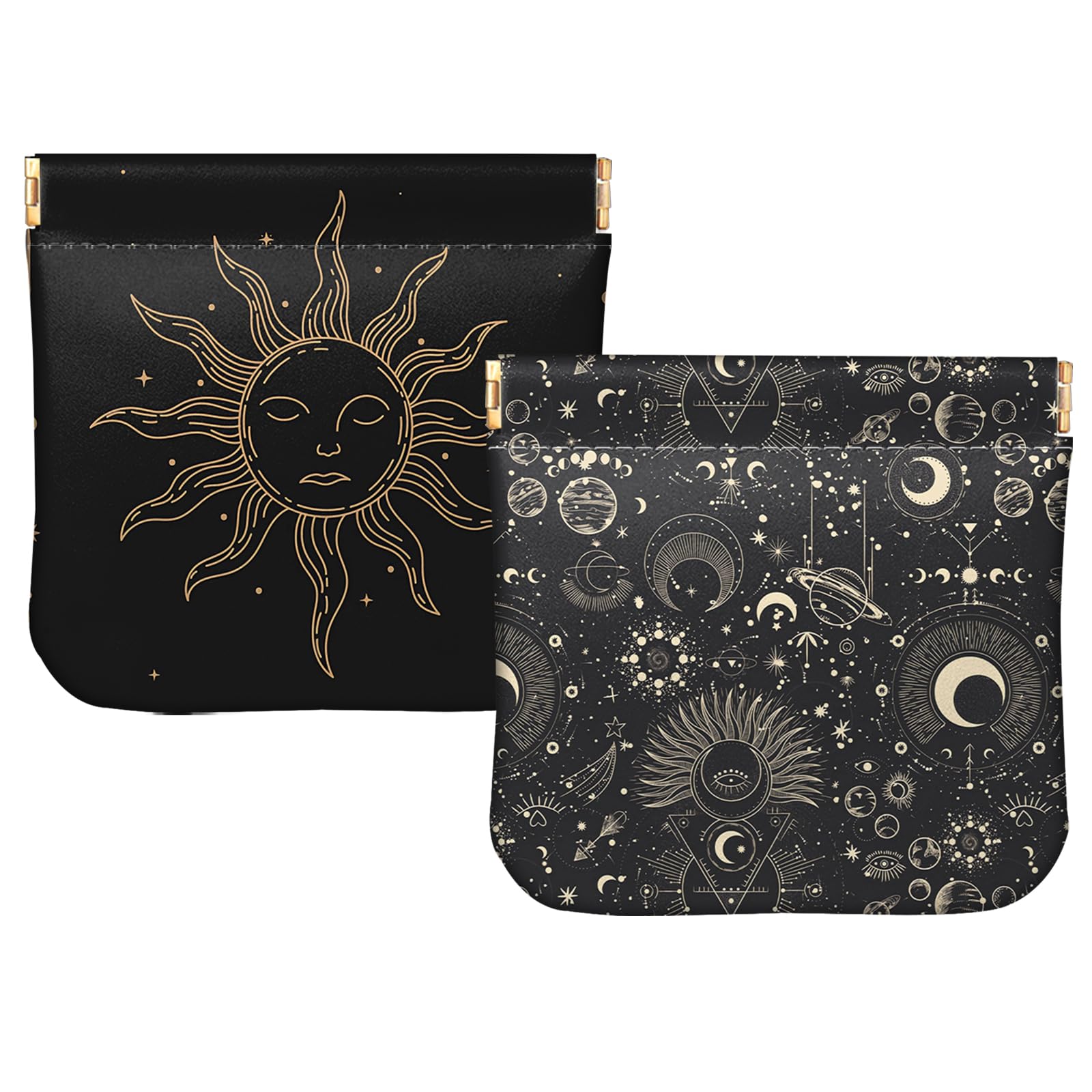 2 Pack Small Squeeze Coin Purse - Soft PU Leather Mini Wallet Change Pouch for Women, Men & Girls - Cute Aesthetic Moon & Sun Design - Perfect for Travel, Shopping and Everyday Use