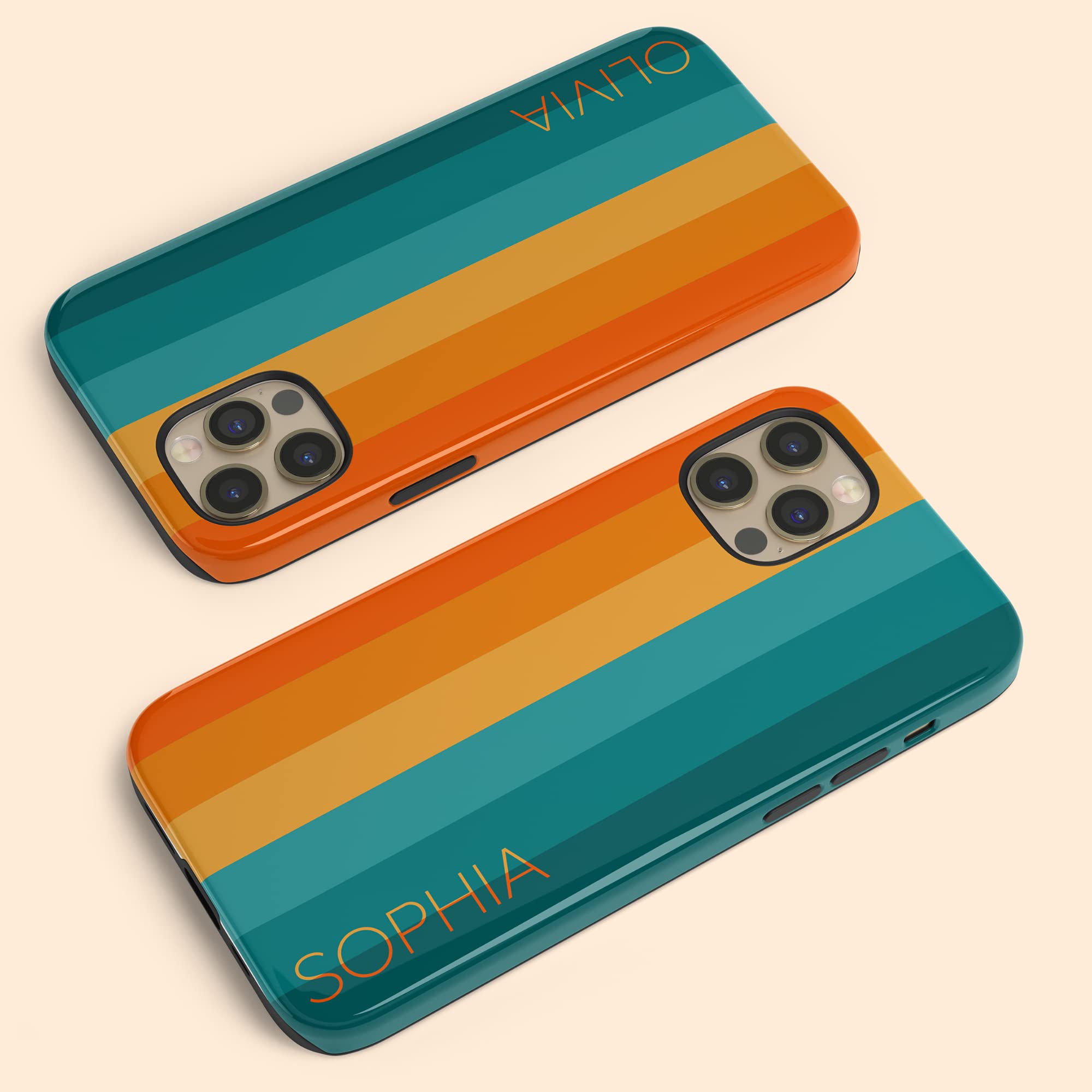 Retro Orange Teal Custom Rainbow Phone Case with Personalized Name - Compatible with iPhone 16 Plus, 15 Pro Max, 14, 13 Mini, 12, 11, X/XS Max, XR, 7/8 - Perfect for Everyday Use, Gifts & Special Occasions