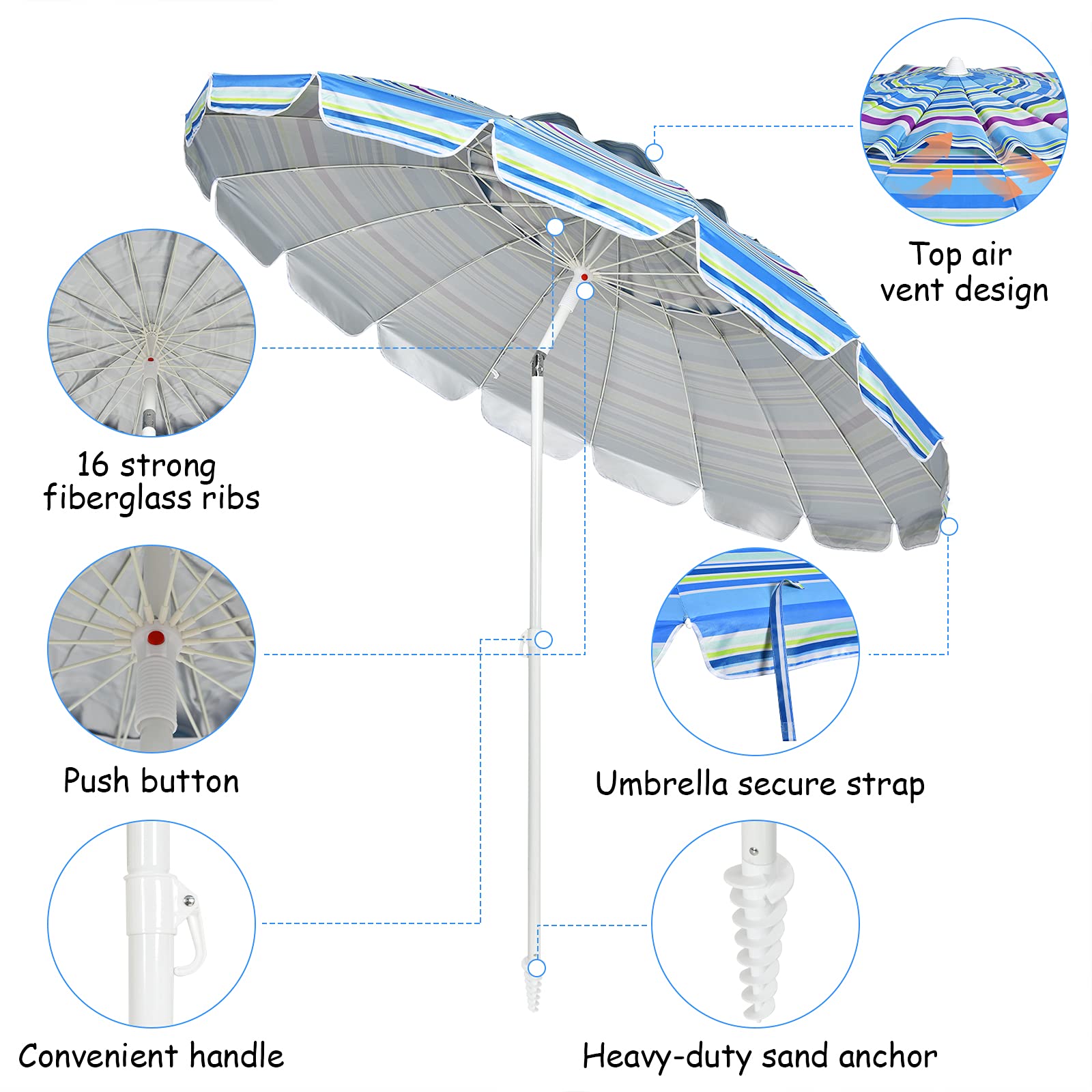 **Tangkula 8FT Portable Beach Umbrella with Sand Anchor & Tilt Mechanism - 16 Sturdy Fiberglass Ribs, UV Protection Sun Shade for Garden, Patio, Pool & Outdoor Use - Includes Carry Bag (Blue)**    **Perfect for Beach Trips, Backyard Lounging, Picnics & Poolside Relaxation**