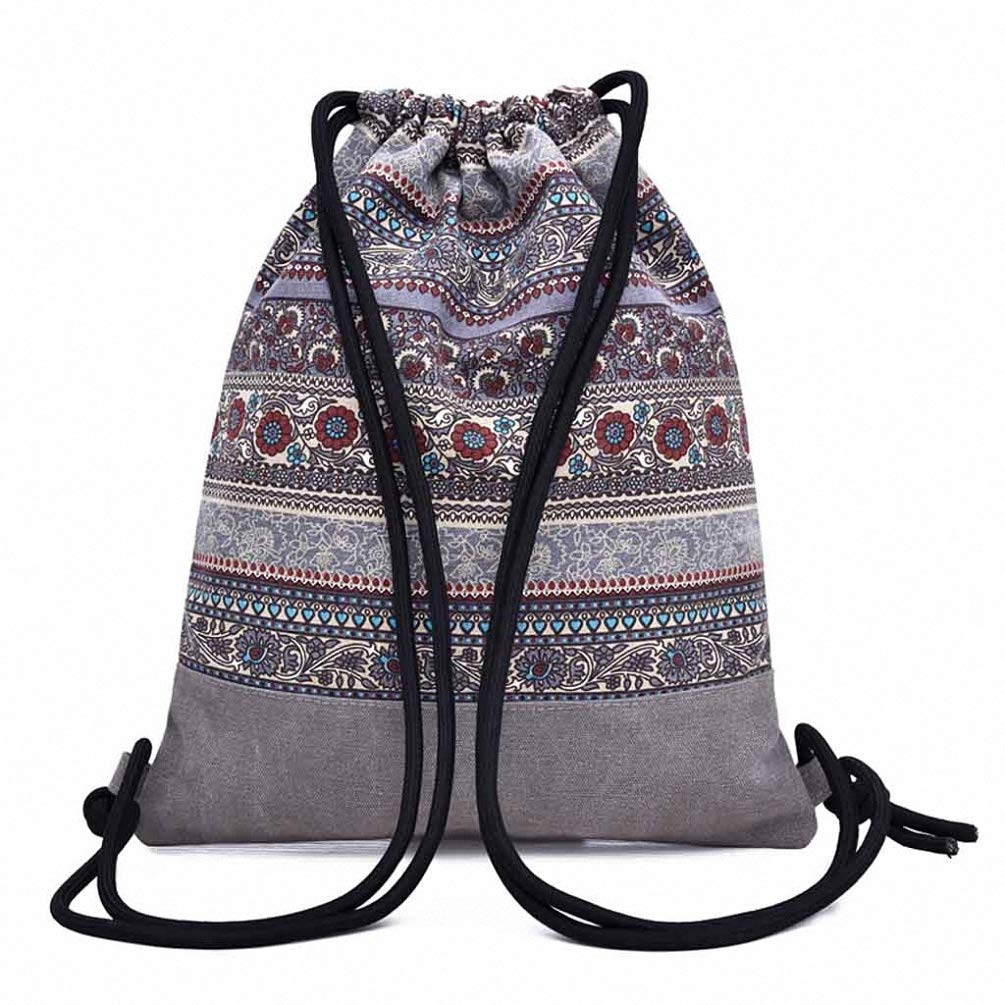 Women's 20-Inch Printed Gray Windproof Canvas Drawstring Sports Bag for Gym, Travel & Outdoor Activities | Lightweight Fitness Backpack