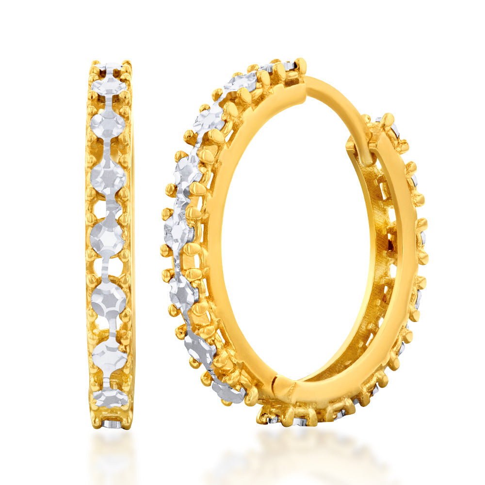 9ct Yellow & White Gold Two-Tone Diamond Cut Fancy Hoop Earrings for Women - Elegant Everyday & Party Jewelry Gift