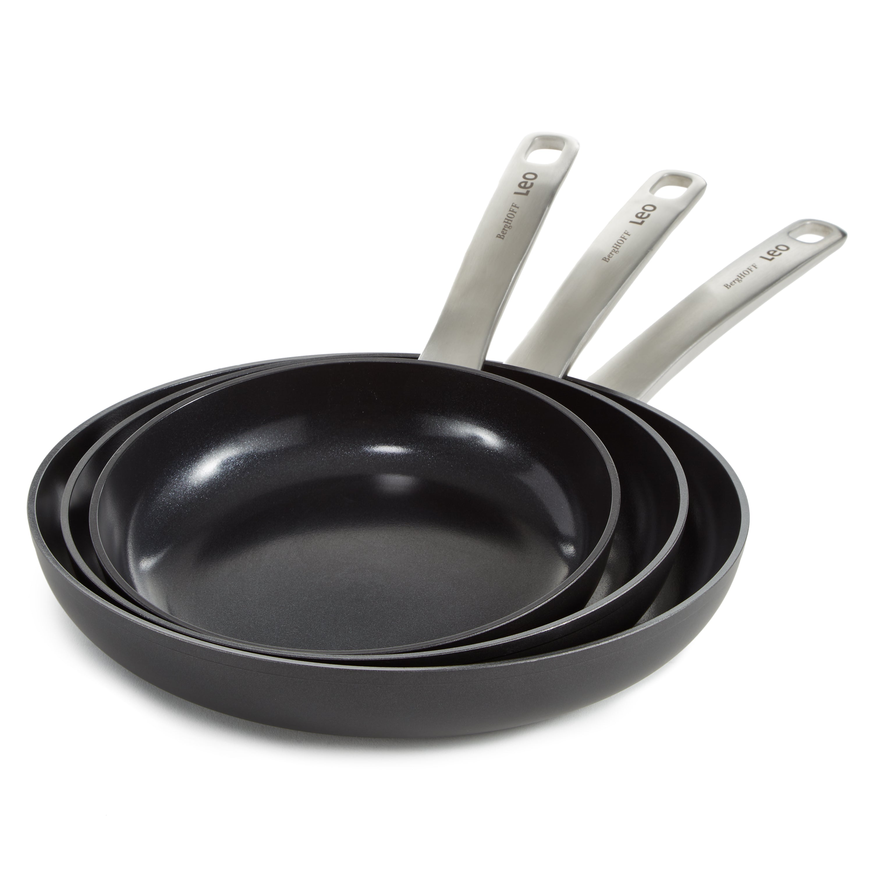 BergHOFF Leo Graphite 3-Piece Nonstick Ceramic Frying Pan Set - Healthy Cooking, Even Heat Distribution - Perfect for Sauteing, Frying & Omelets
