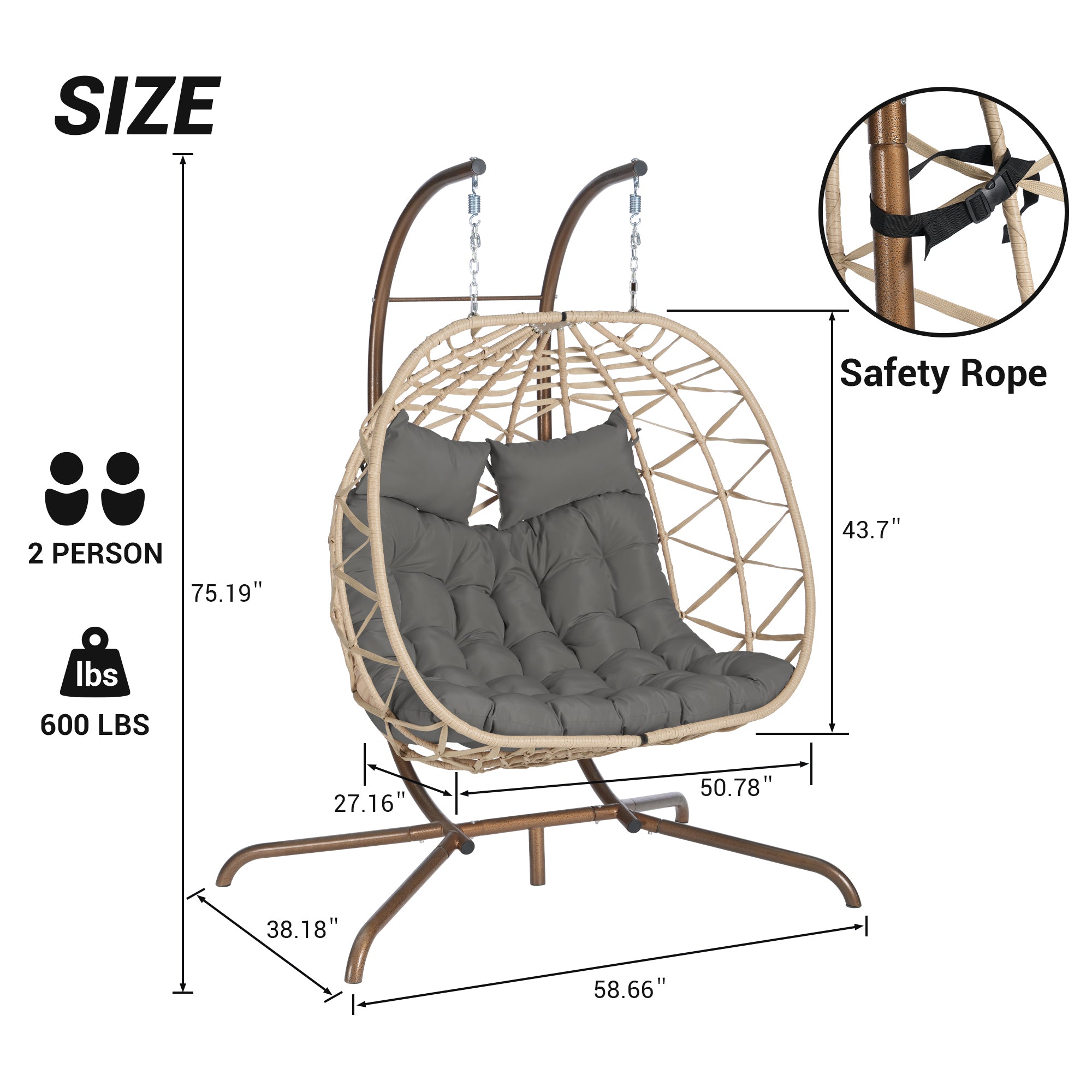 Double Egg Chair with Stand - Indoor/Outdoor Hanging Wicker Rattan Swing Chair with UV-Resistant Cushions (600 lbs Capacity) - Perfect for Bedroom, Balcony, Patio & Garden Relaxation
