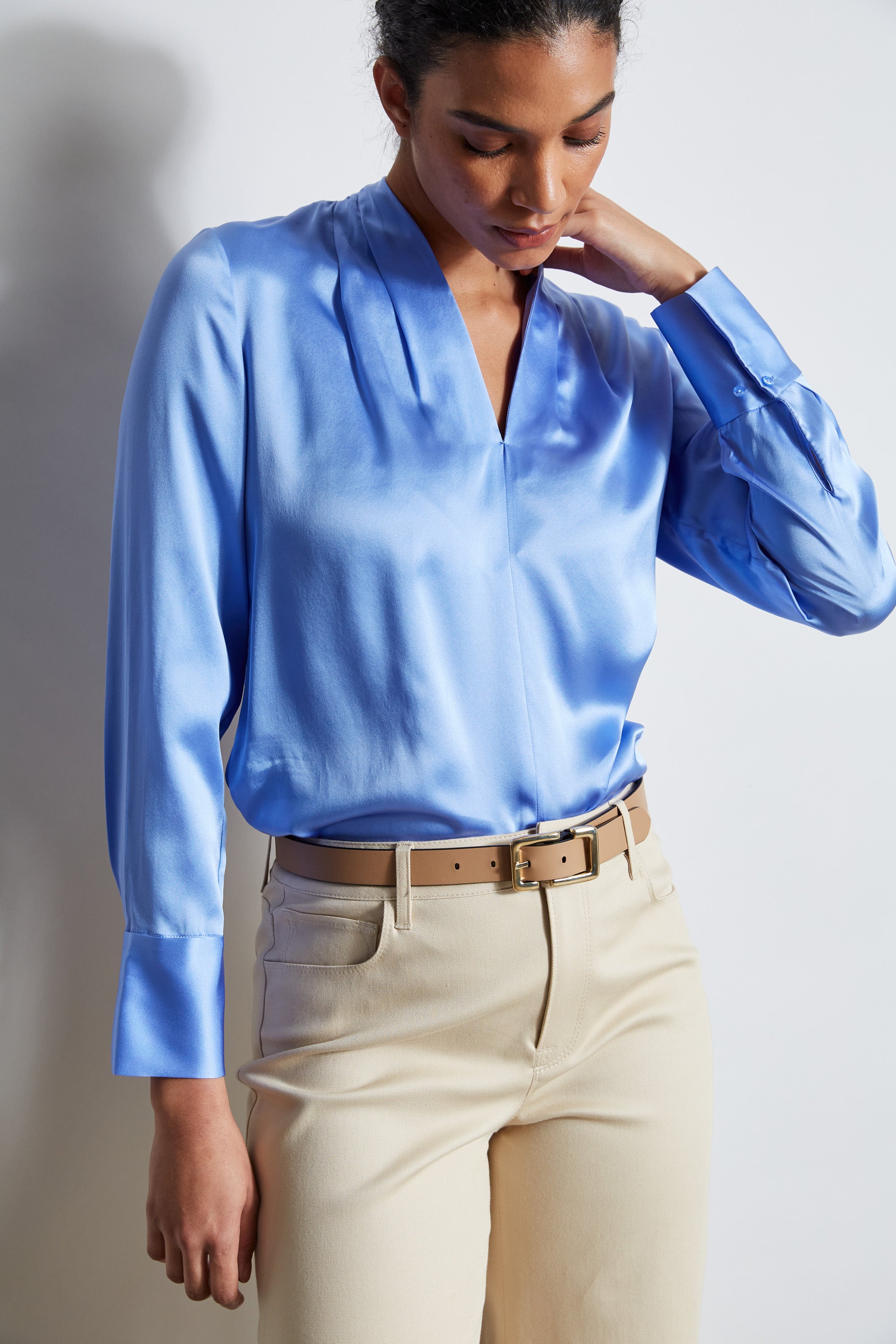 Silk Satin Contour Neck Shirt for Women - Elegant Blouse with V-Neck Design - Perfect for Office, Party & Special Occasions