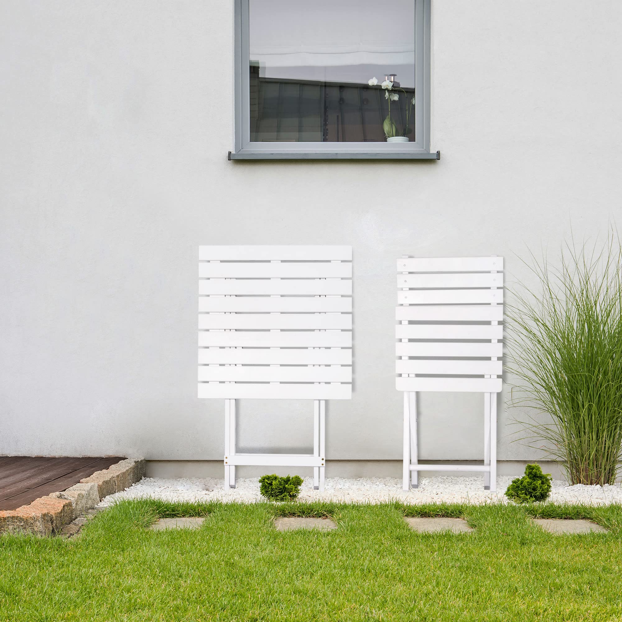 Outsunny 3-Piece Wood Folding Bistro Set with Square Table & Chairs - White Outdoor Patio Furniture for Backyard, Balcony, Garden & Small Spaces